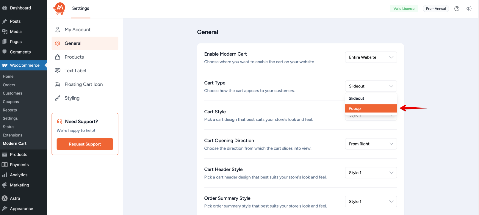 Popup  Cart Type