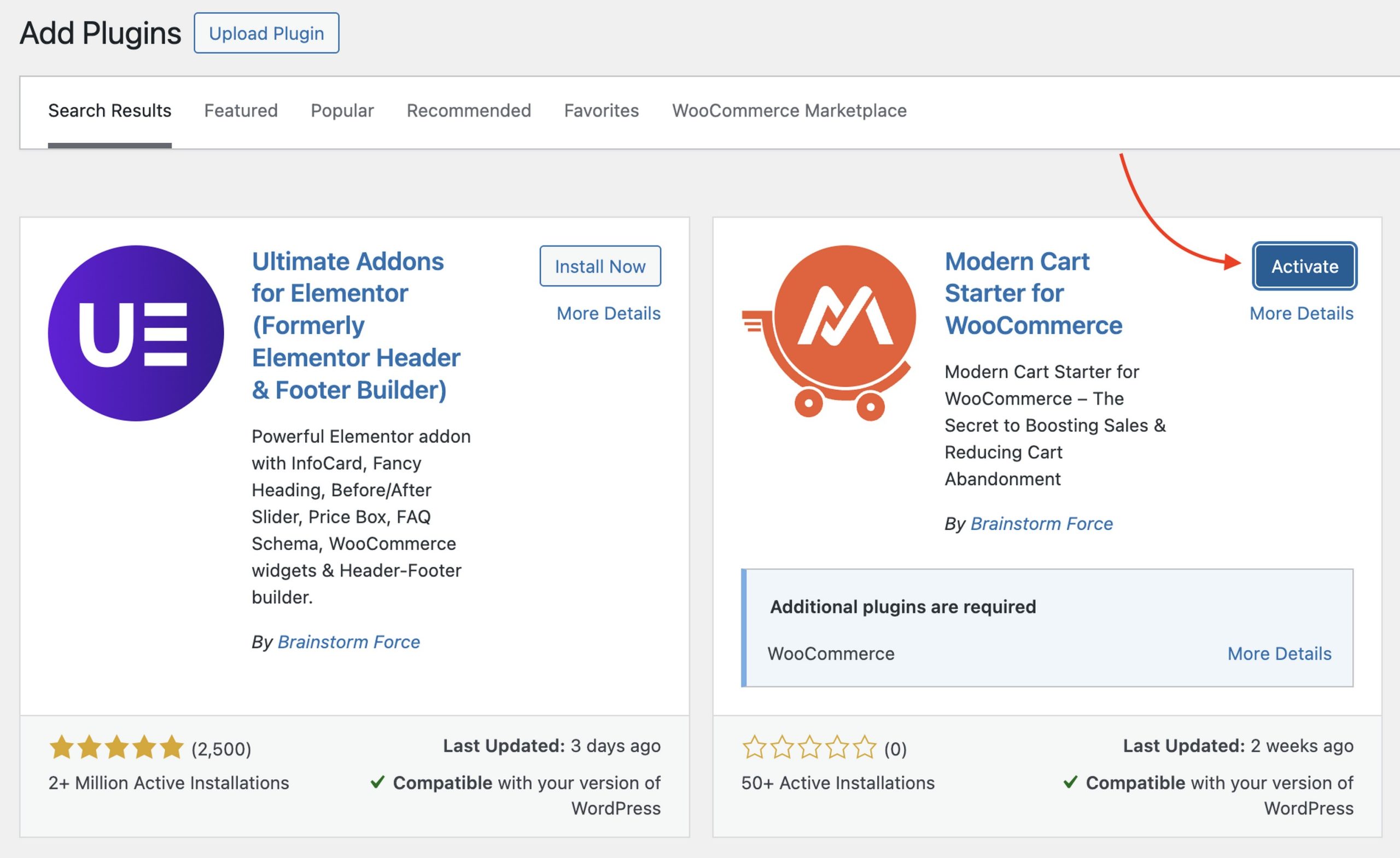 Click the activate button for the modern cart starter plugin on your WordPress plugins dashboard.