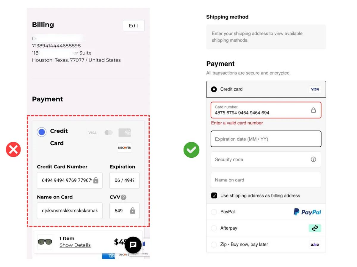 Comparison of poor versus optimized mobile checkout payment forms highlighting user-friendly design and error handling.