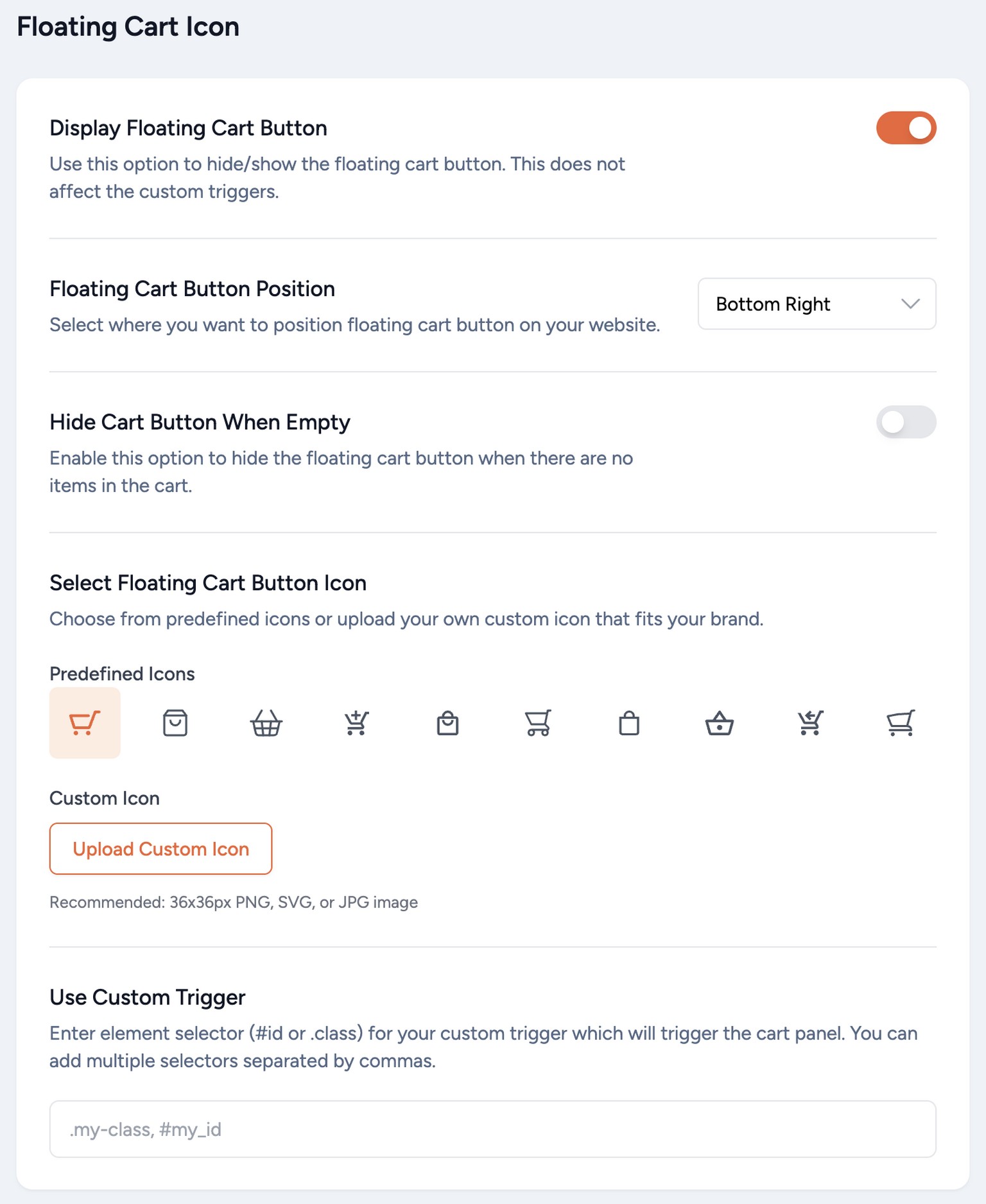 Floating cart icon display, modifications and customization.