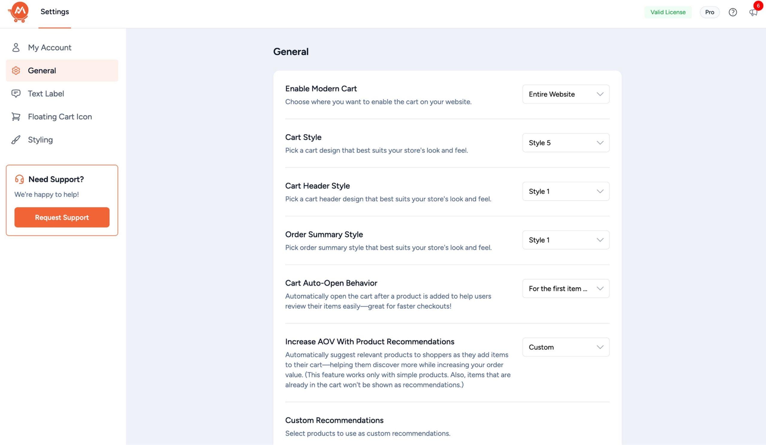 Go to the modern cart settings page and configure the general styles.