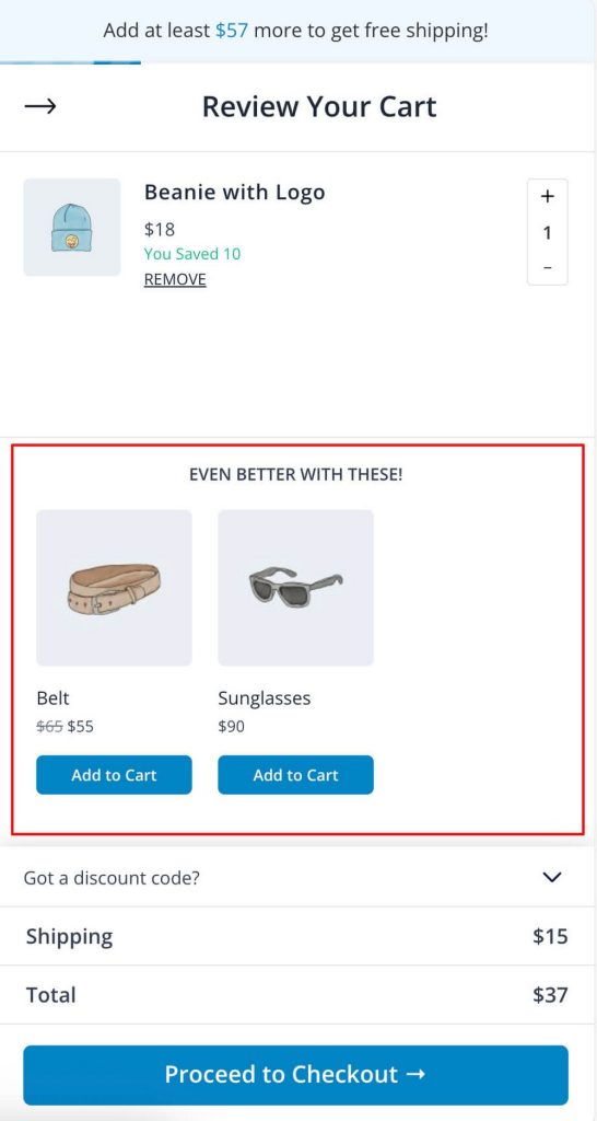 Modern Cart product recommendations display.