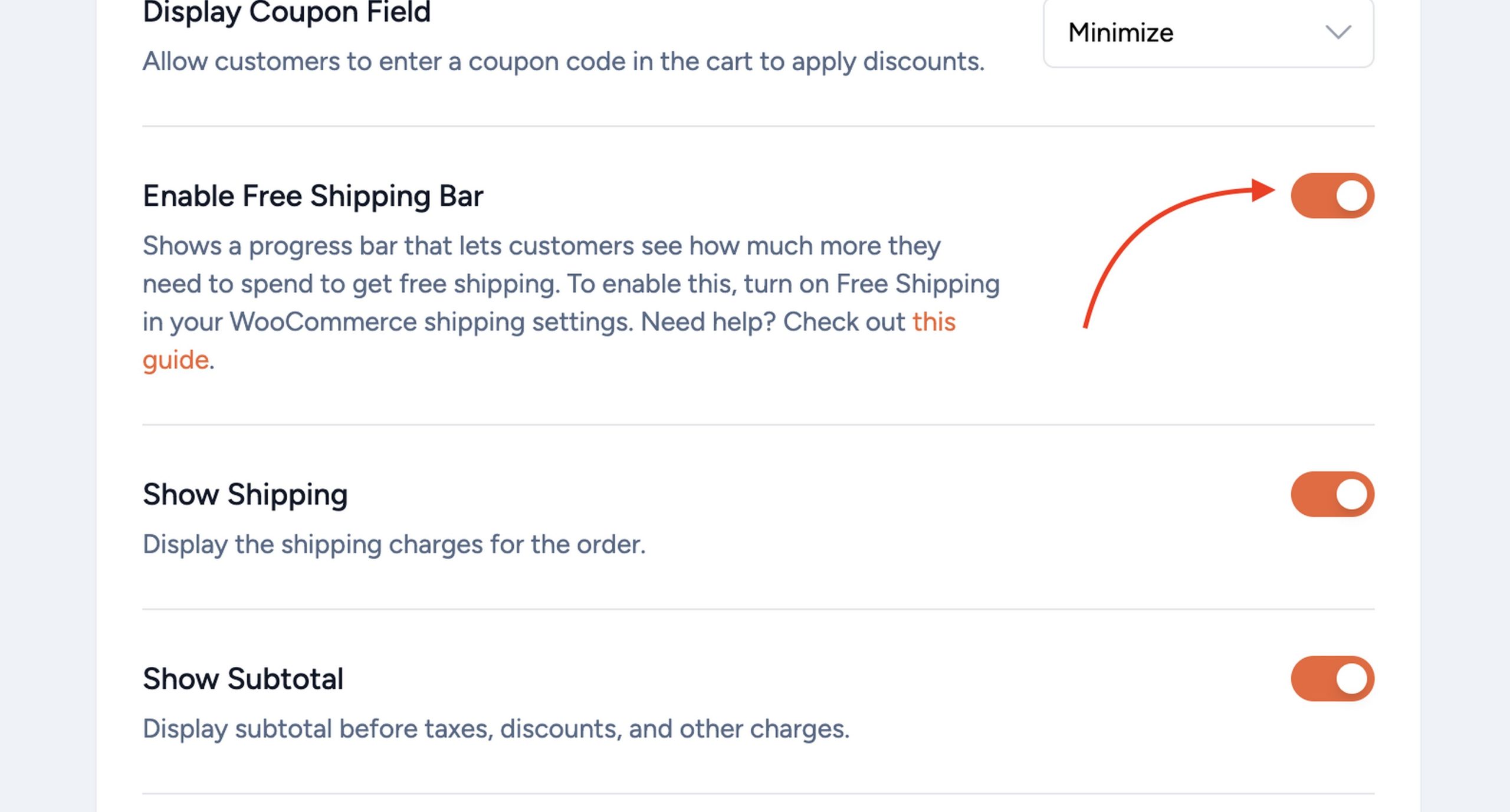 Switch the button on to enable free shipping threshold bar on your slideouts.