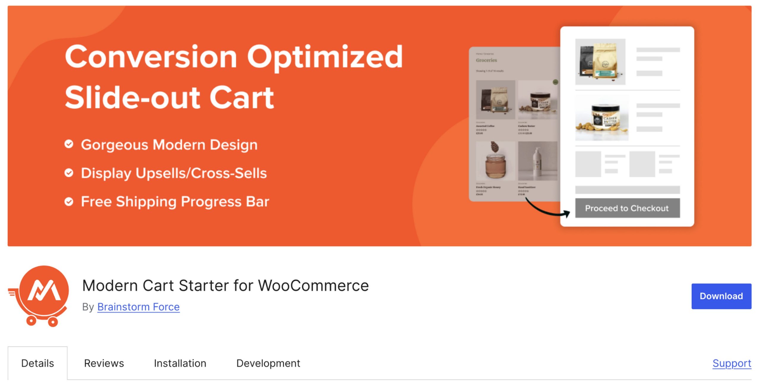 The Modern Cart Starter WordPress free version page.