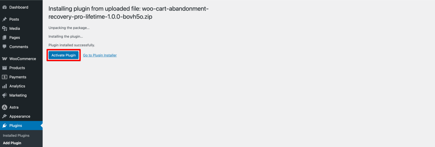 Activate Cart Abandonment Recovery Pro Plugin
