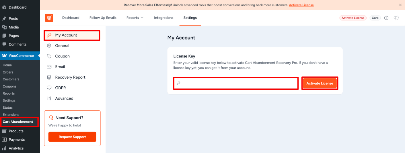 Cart Abandonment Recovery License Key Field