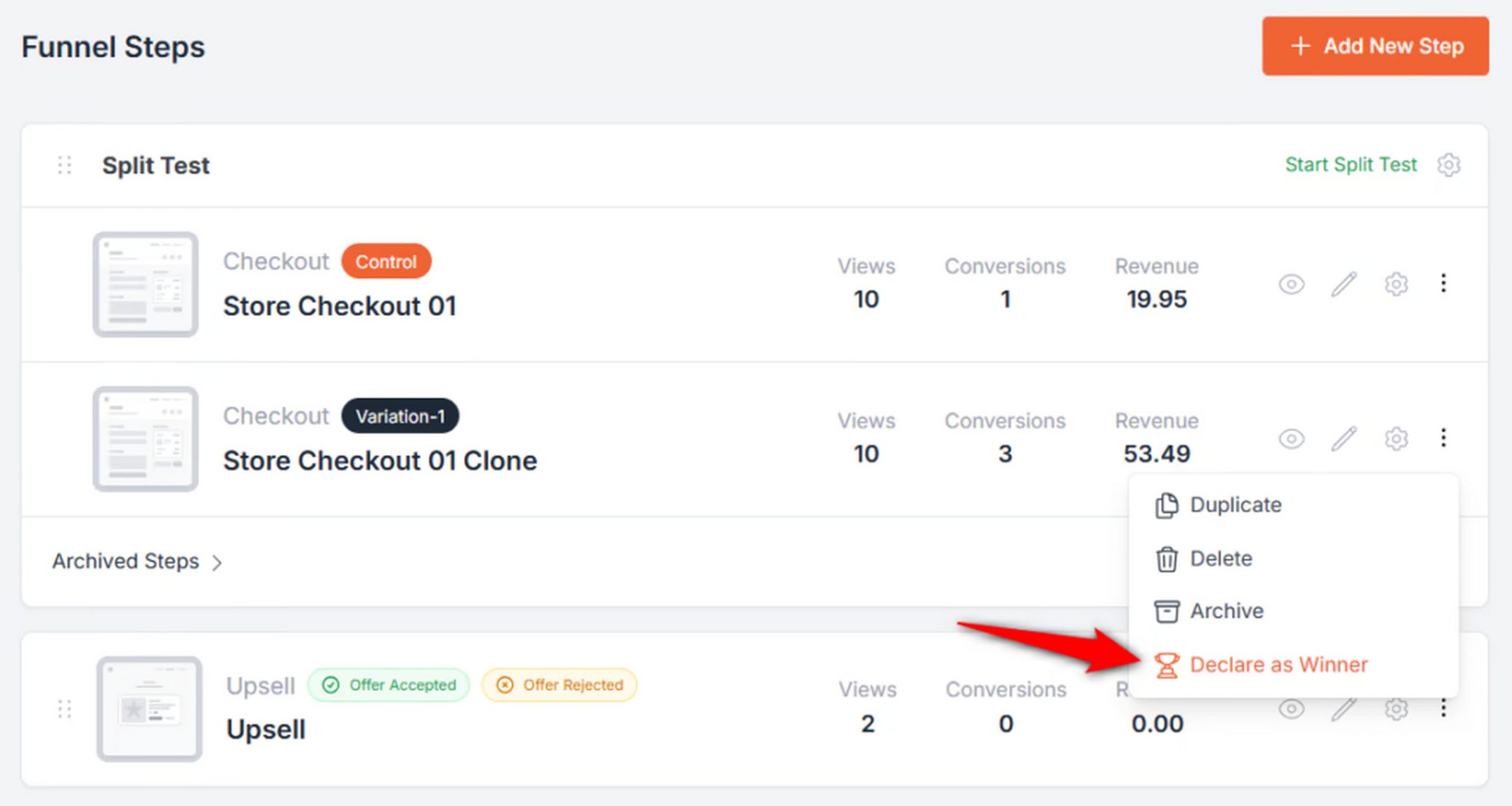 CartFlows funnel testing interface displaying easy test setup with page duplication and traffic percentage controls