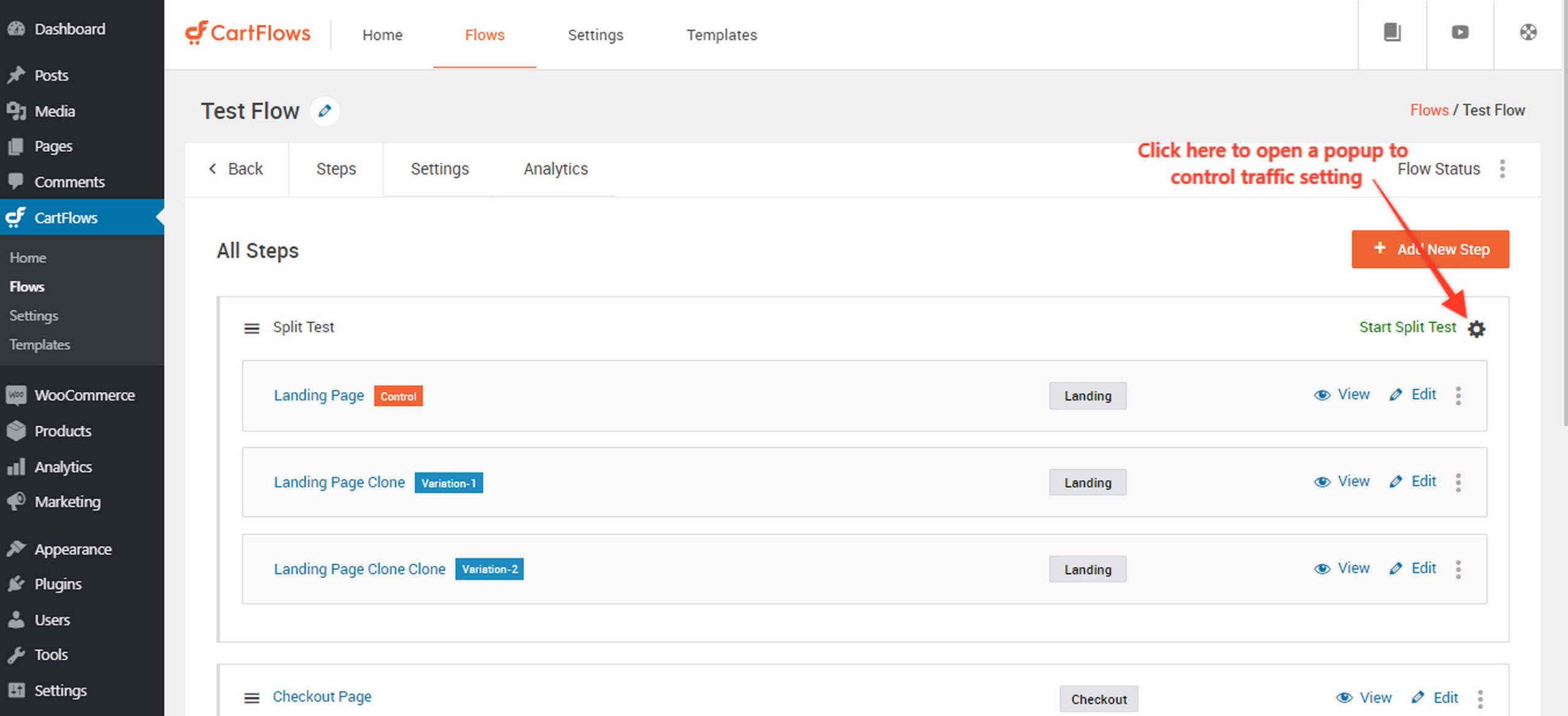 Set the traffic split by clicking on the settings icon in cartflows.