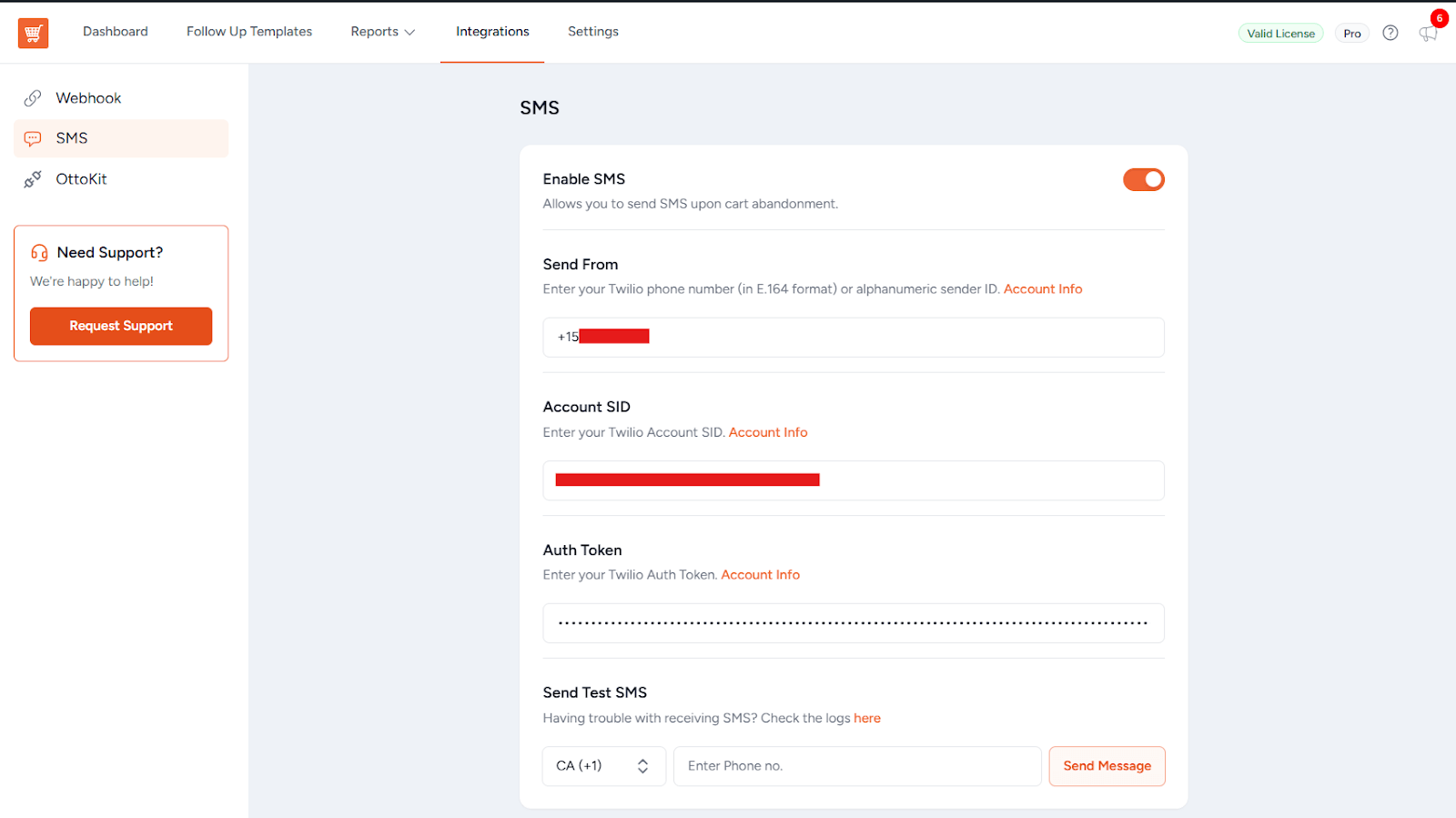 SMS Integration Settings
