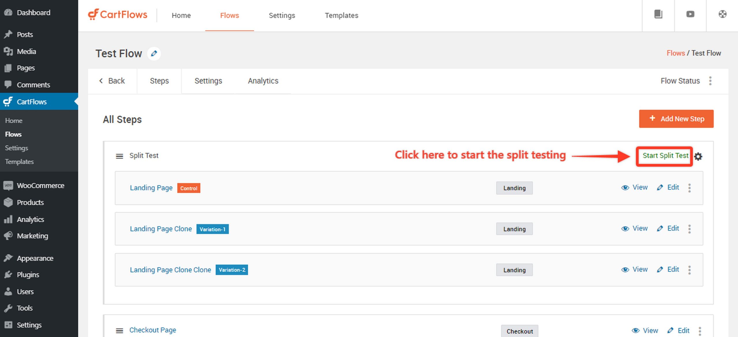Start Split Testing in CartFlows.