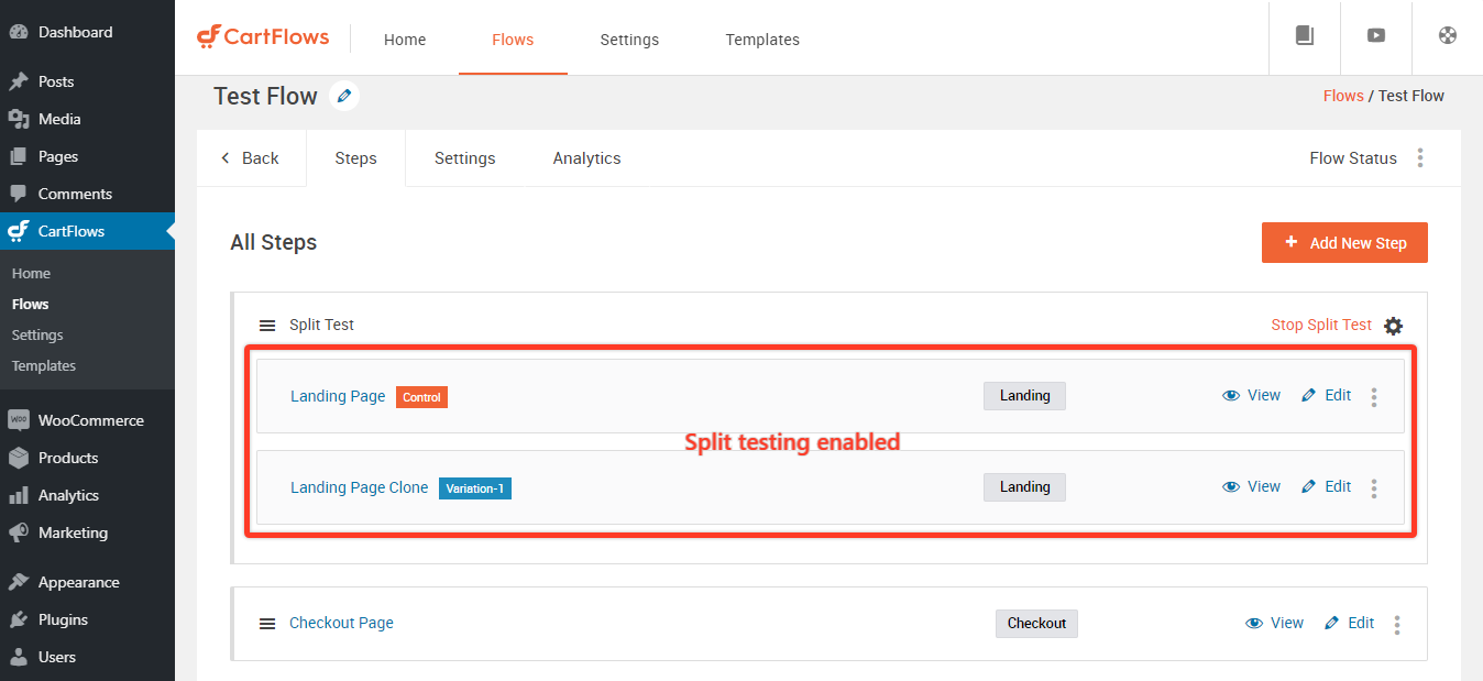 The CartFlows dashboard showing split testing enabled.