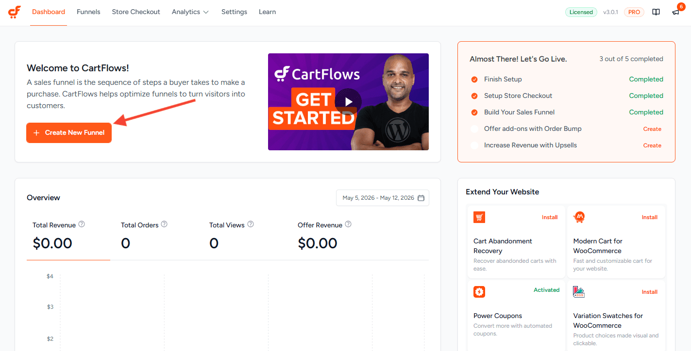 cartflows create new funnel button 3.0