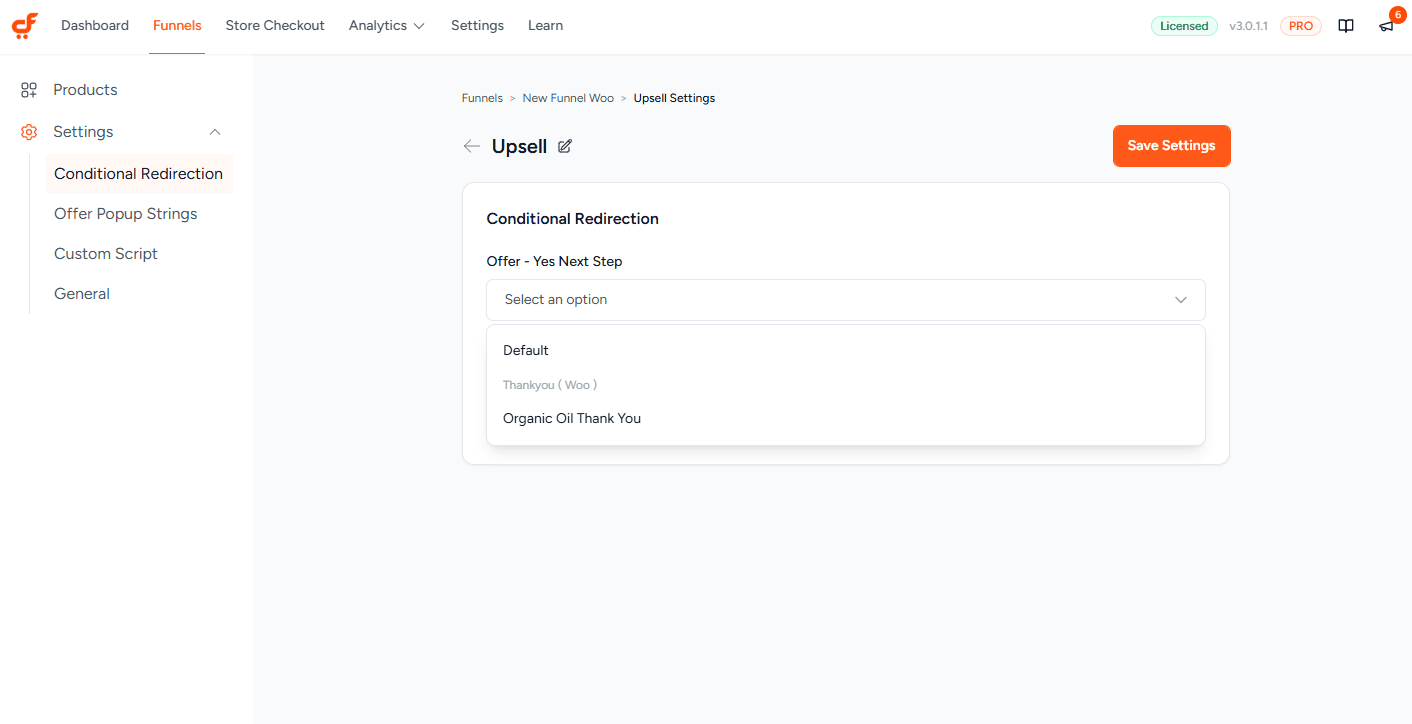 cartflows upsell conditional redirect 3.0