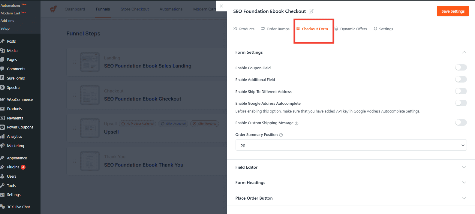 checkout settings checkout form