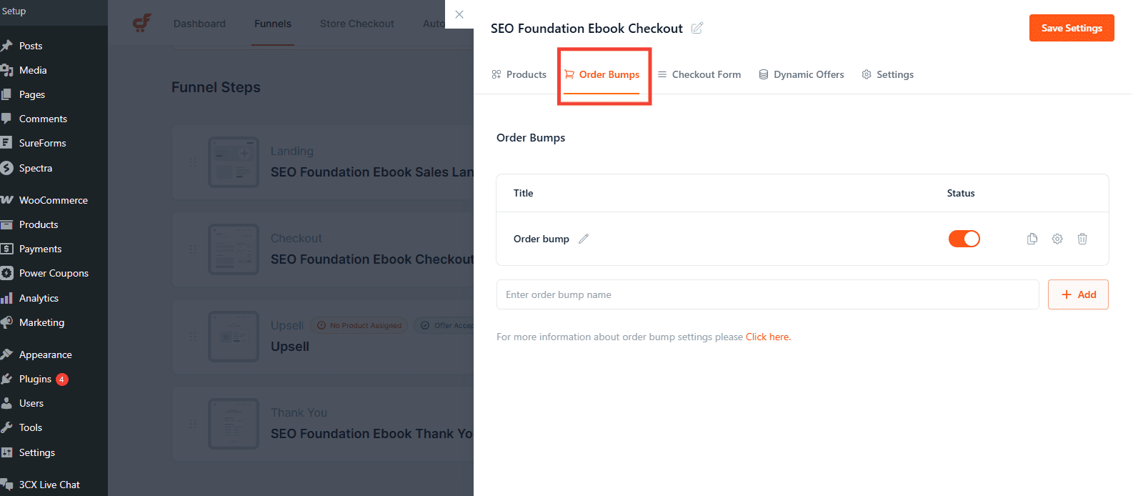 checkout settings order bump
