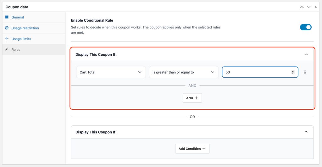 Add condition button in Power Coupon cart rules builder