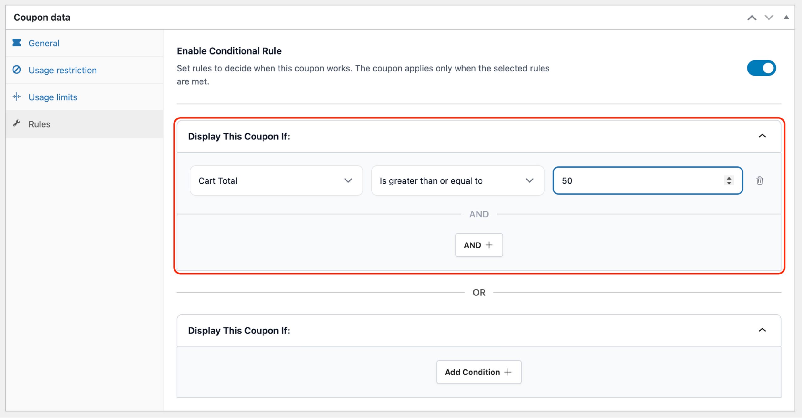 Add condition button in Power Coupon cart rules builder