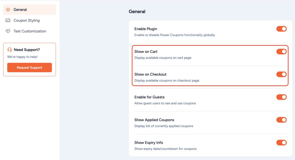 Display settings showing checkout page option selected