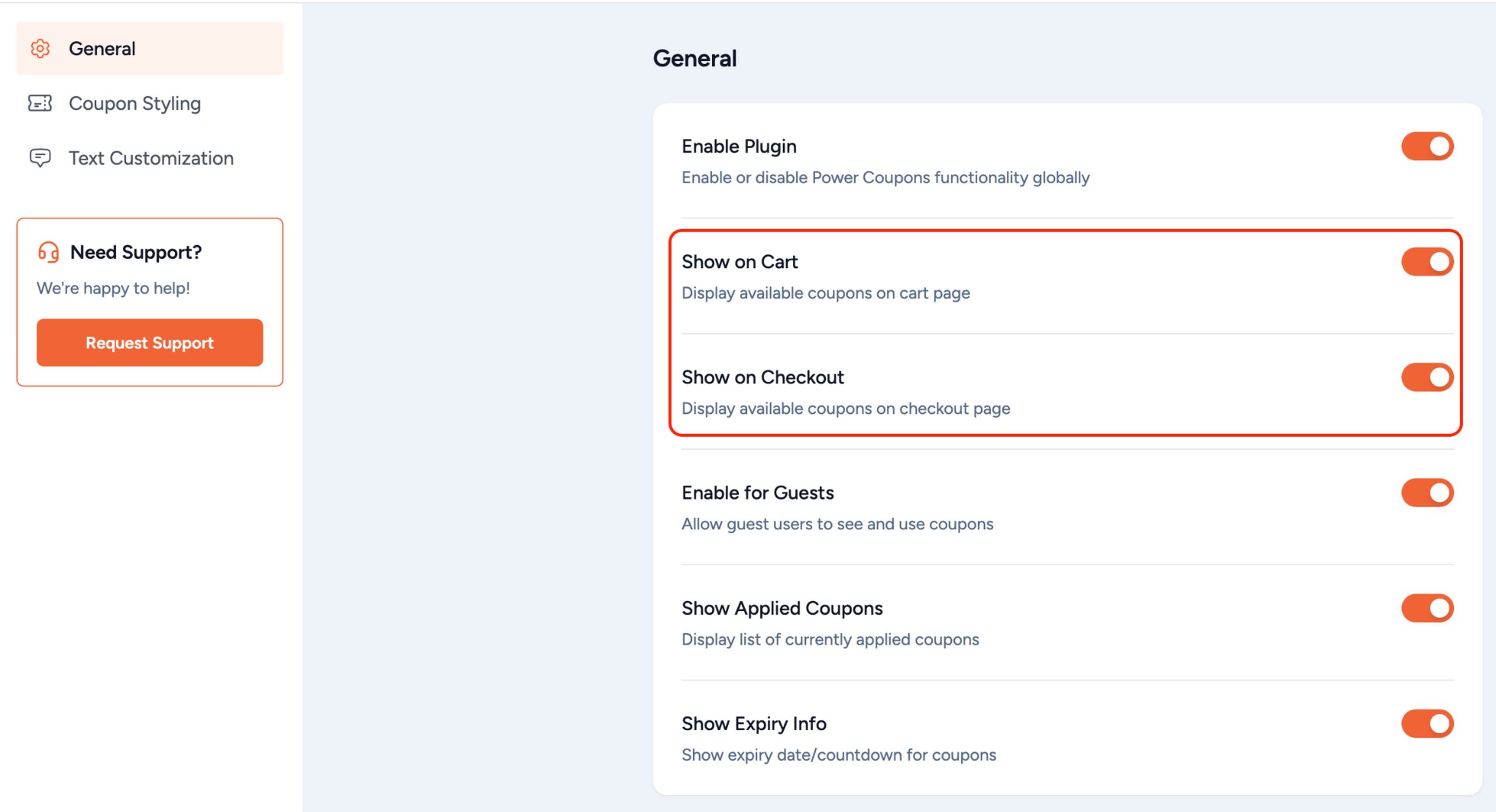 Display settings showing checkout page option selected