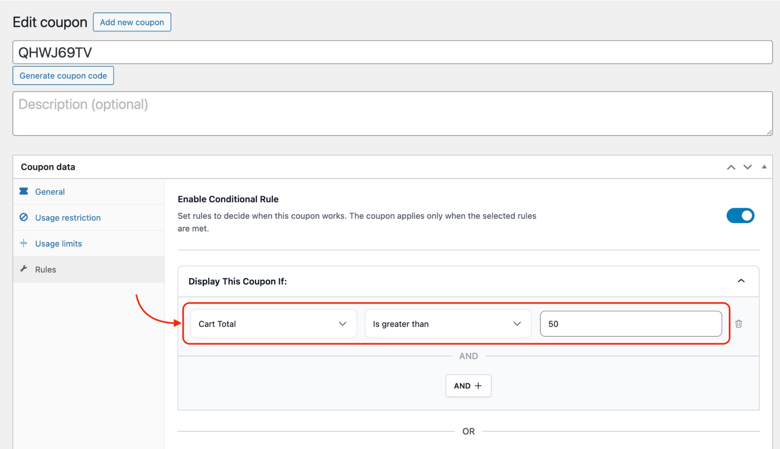 Power Coupon conditions tab with cart subtotal rule