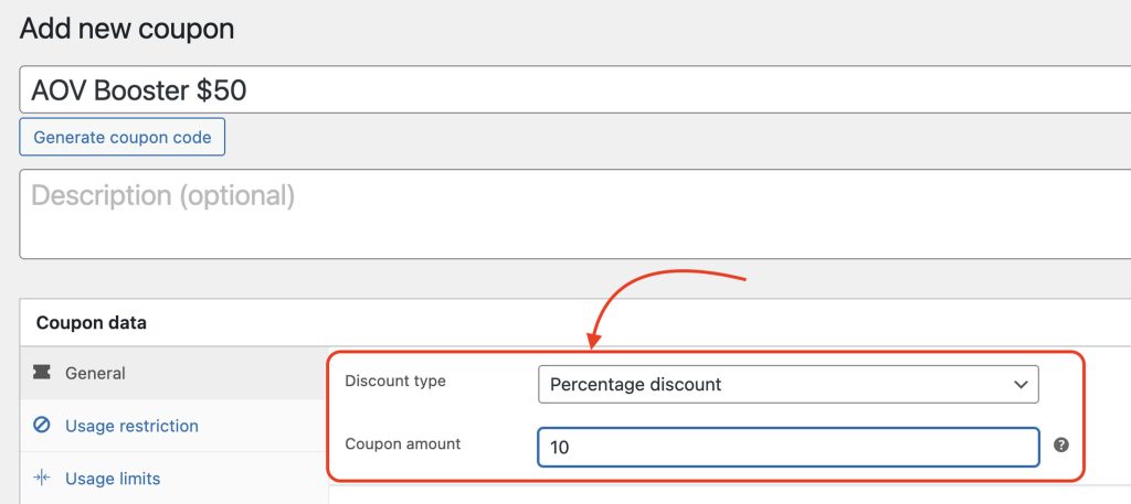 Power Coupon creation screen with percentage discount type selected