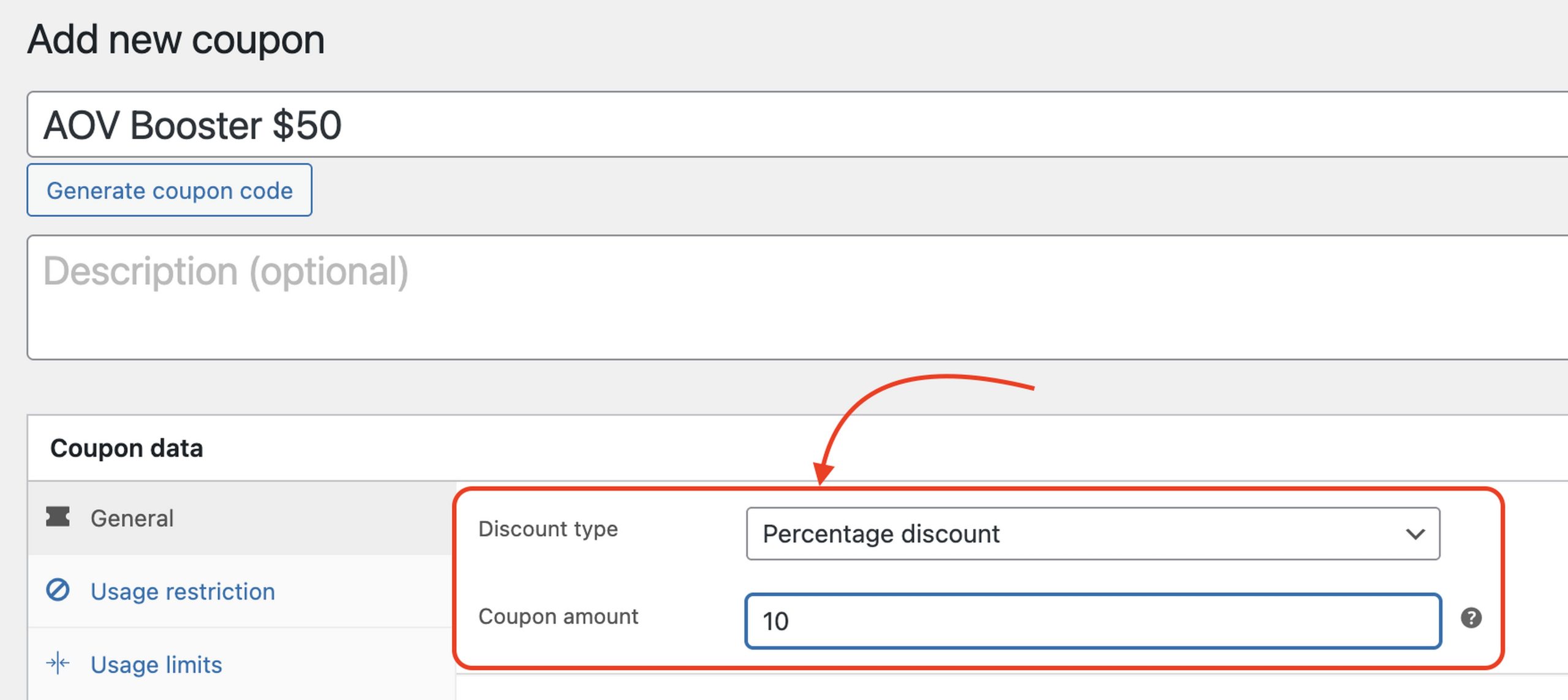 Power Coupon creation screen with percentage discount type selected