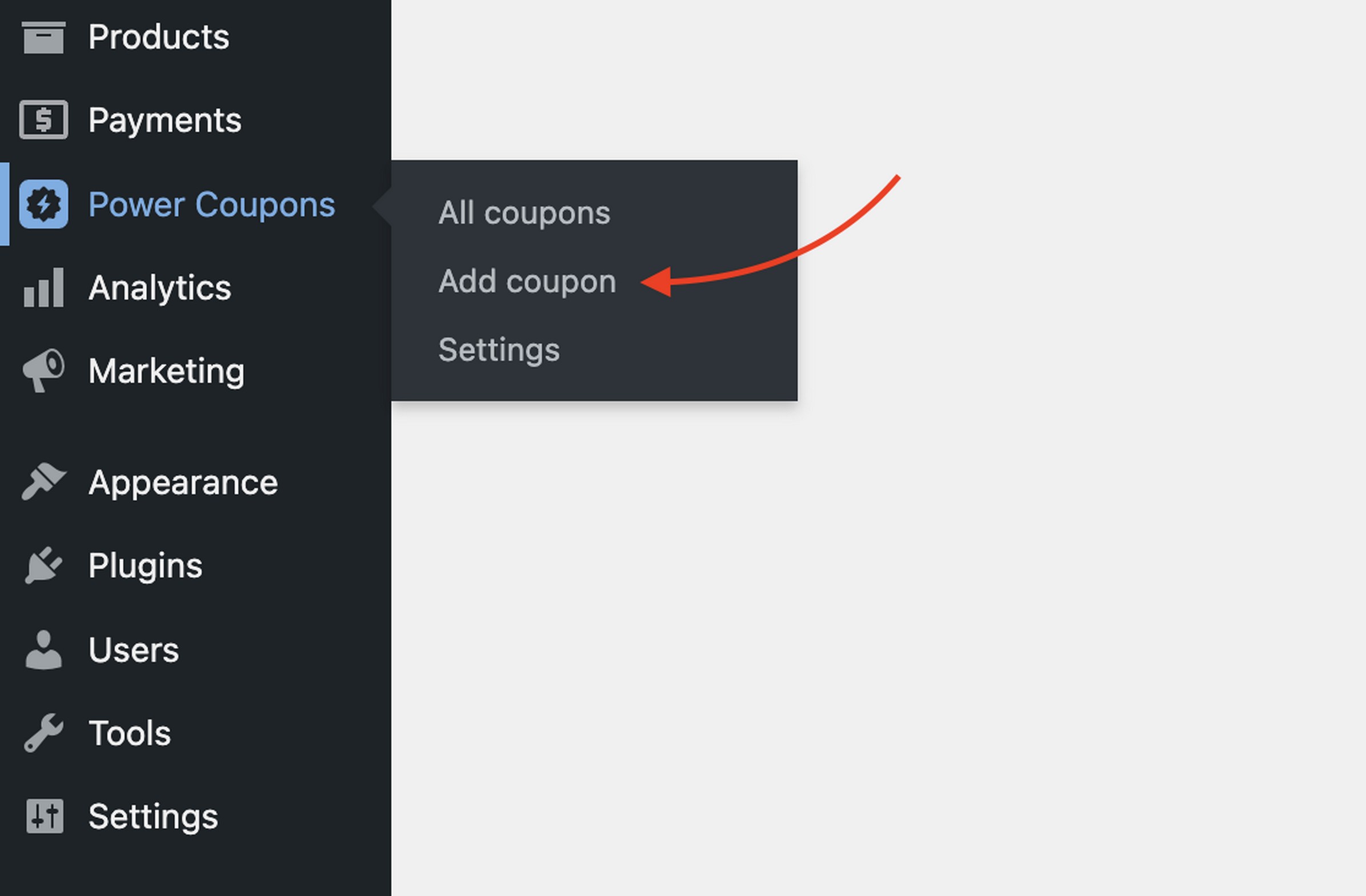 Power coupons, Add coupon button from the WordPress sidebar