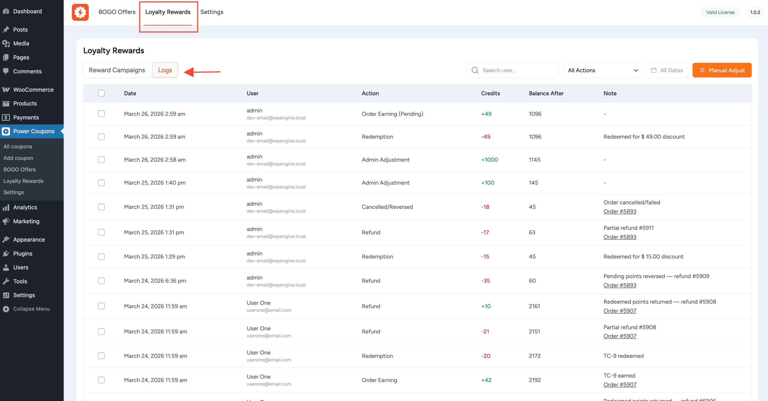 admin credits history logs page showing transaction log table with filters