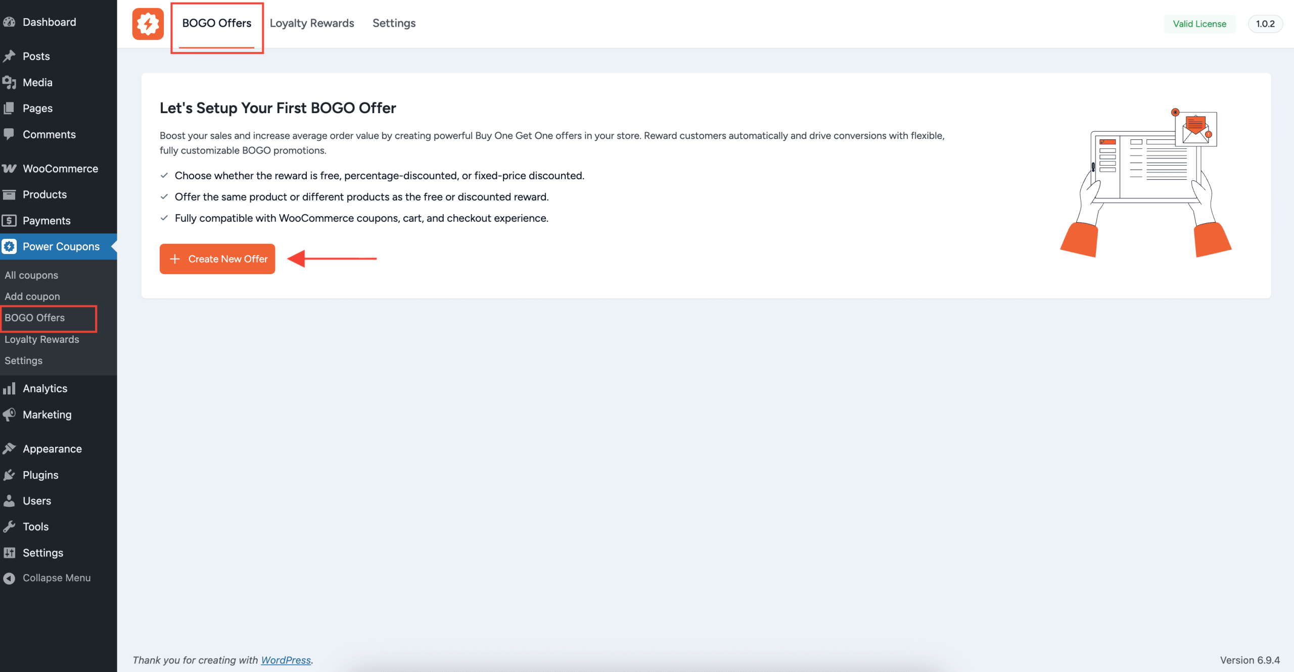 How to Use BOGO Offers bogo offers listing page showing the offers table with create new offer button