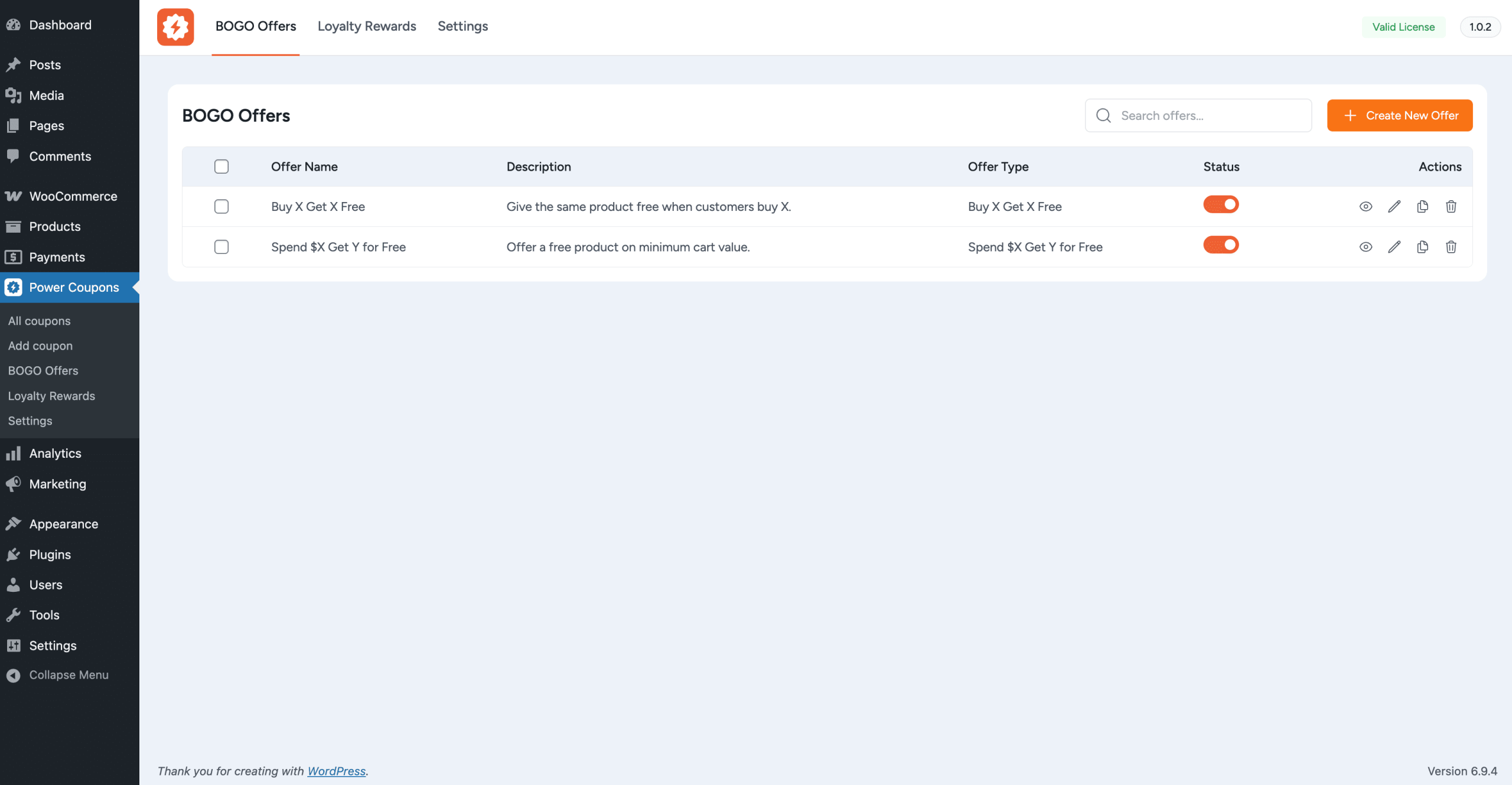 How to Use BOGO Offers bogo offers table with columns offer name description offer type status toggle and action icons
