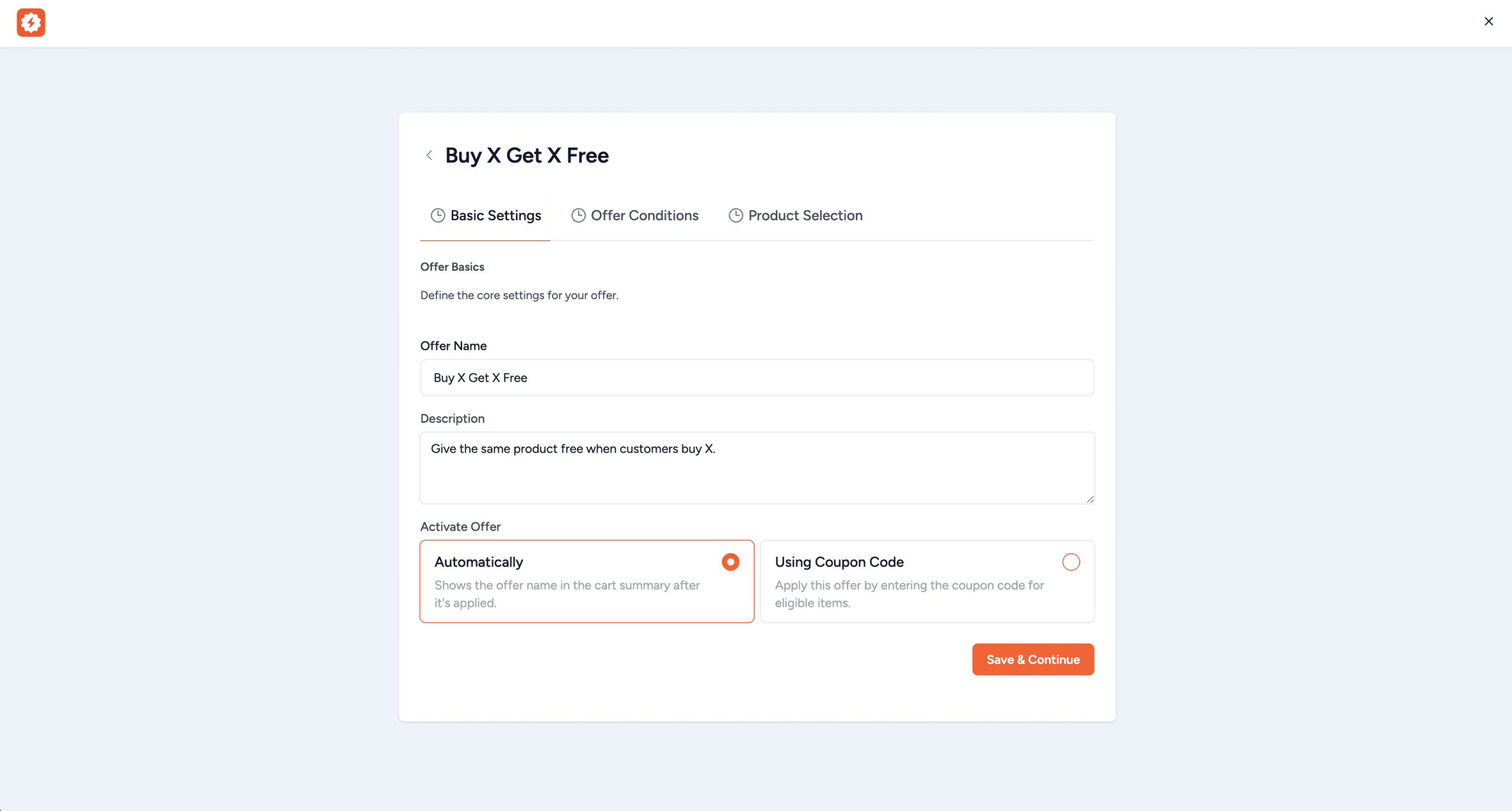 How to Use BOGO Offers basic settings tab showing offer name description and activate offer options
