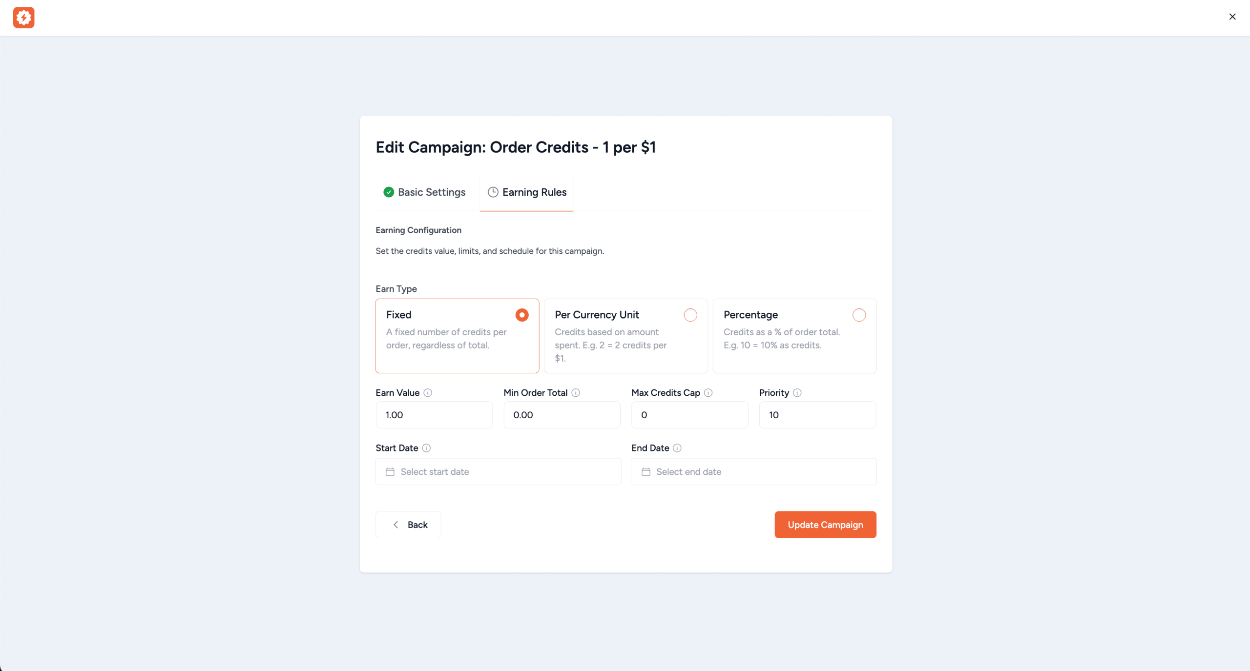 campaign creation edit form showing fields name action type earn type earn value conditions and priority earning rules