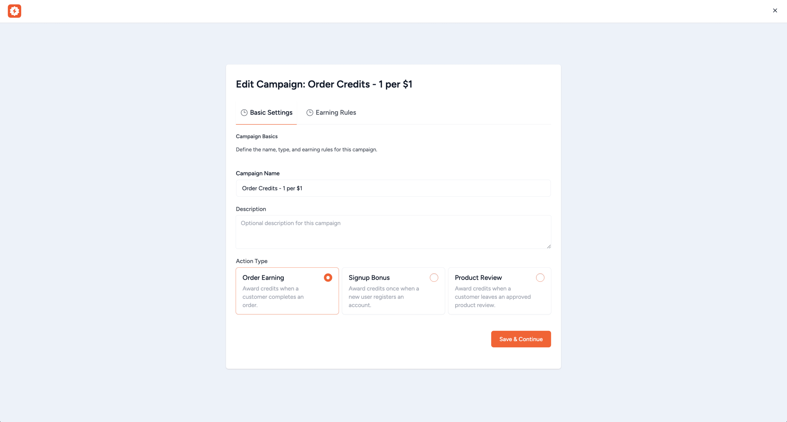 campaign creation edit form showing fields name action type earn type earn value conditions and priority