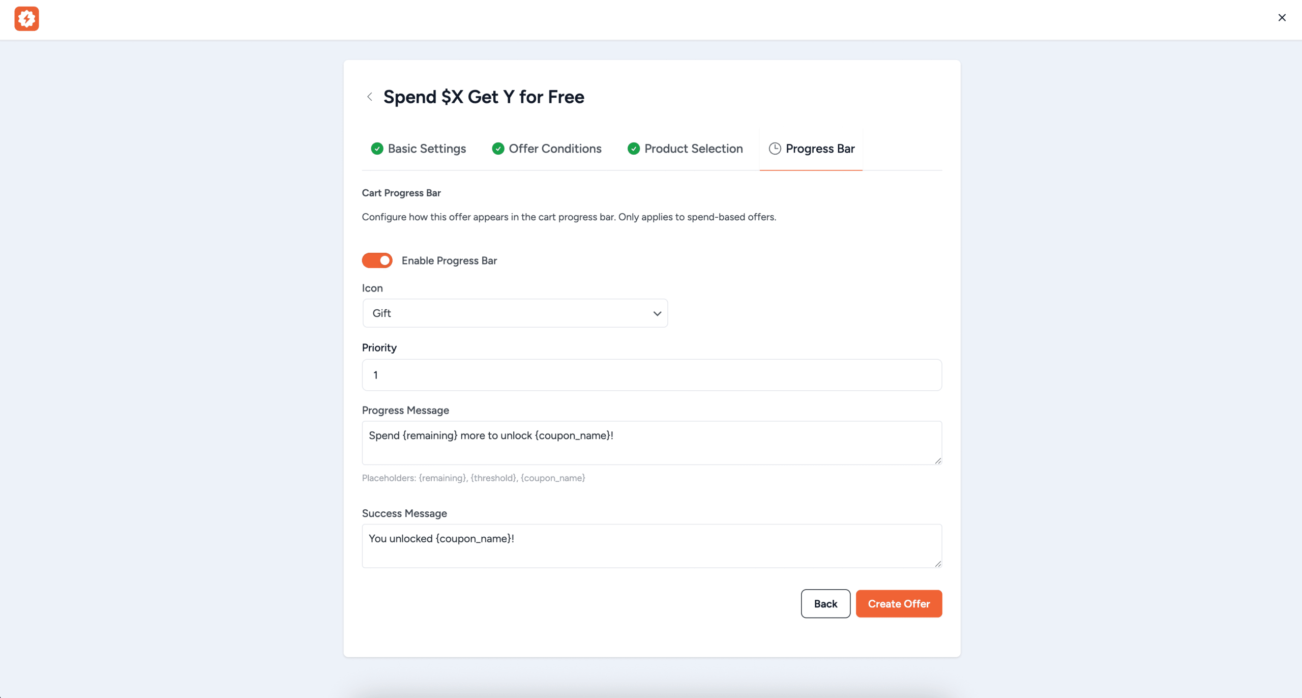 How to Use BOGO Offers cart progress bar settings showing enable toggle icon priority progress message and success message