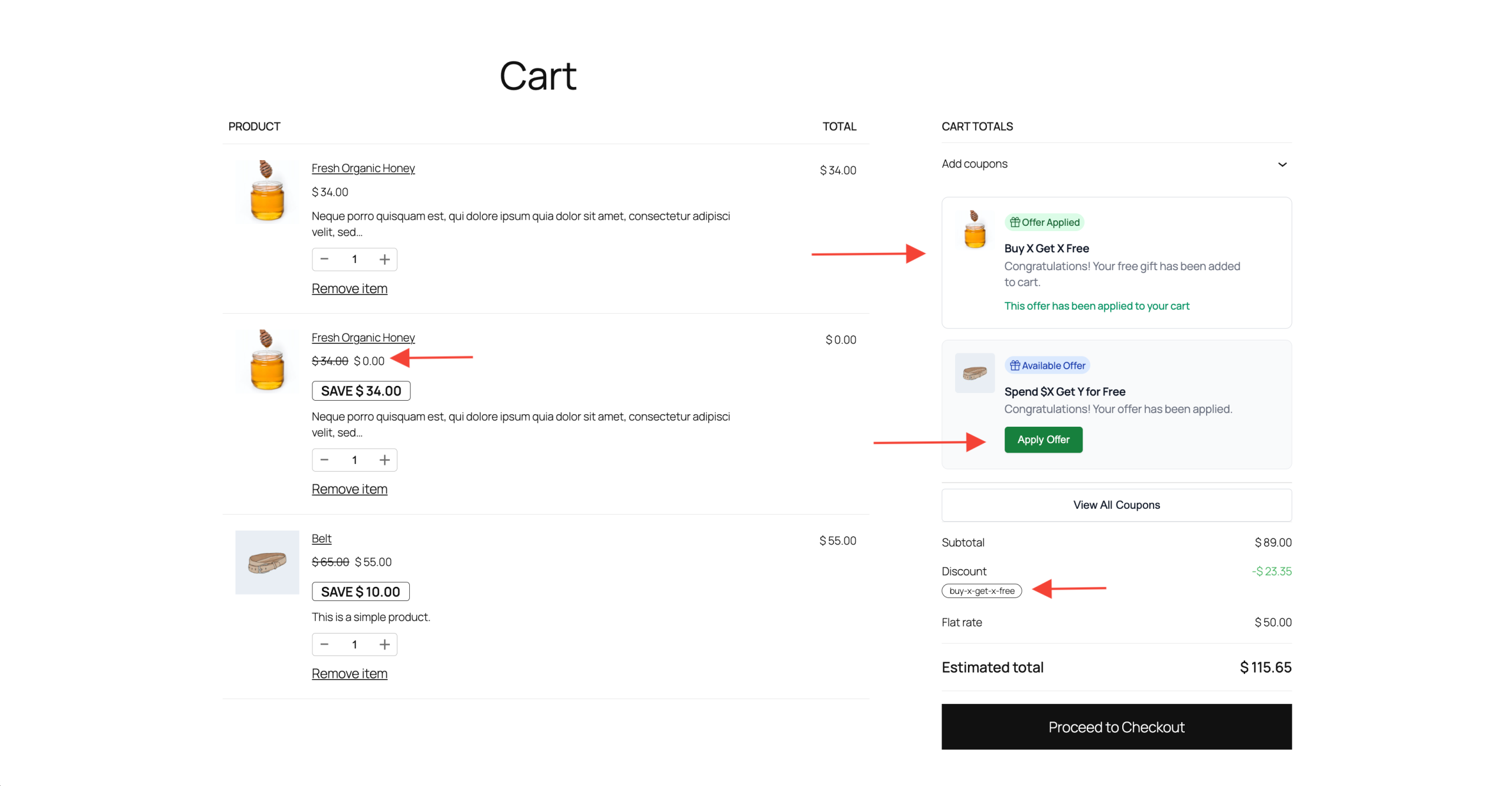 How to Use BOGO Offers frontend cart notification showing bogo offer with product image, status badge, and apply offer button
