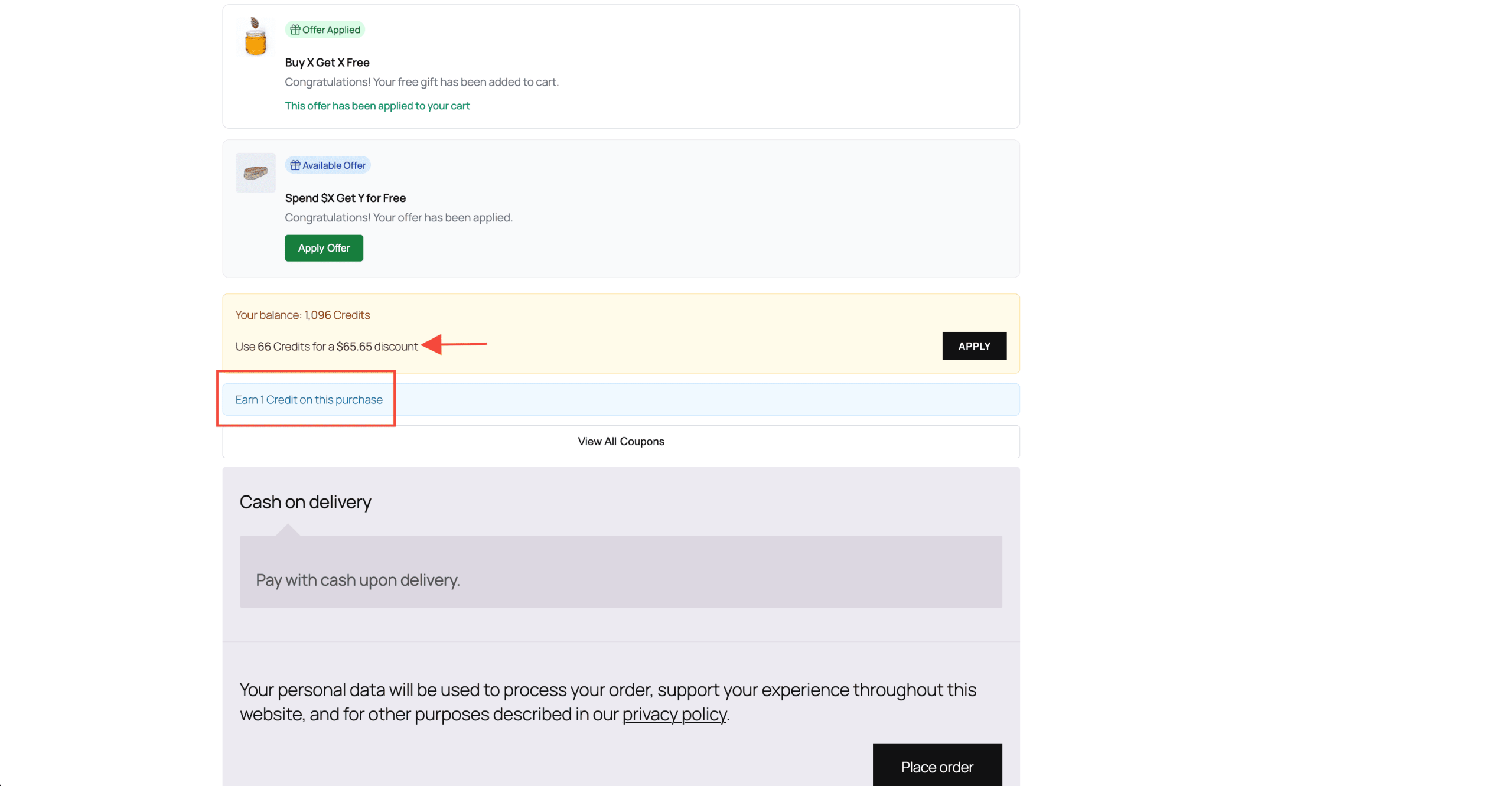 frontend redemption widget in full credits mode showing apply credits button with credit balance