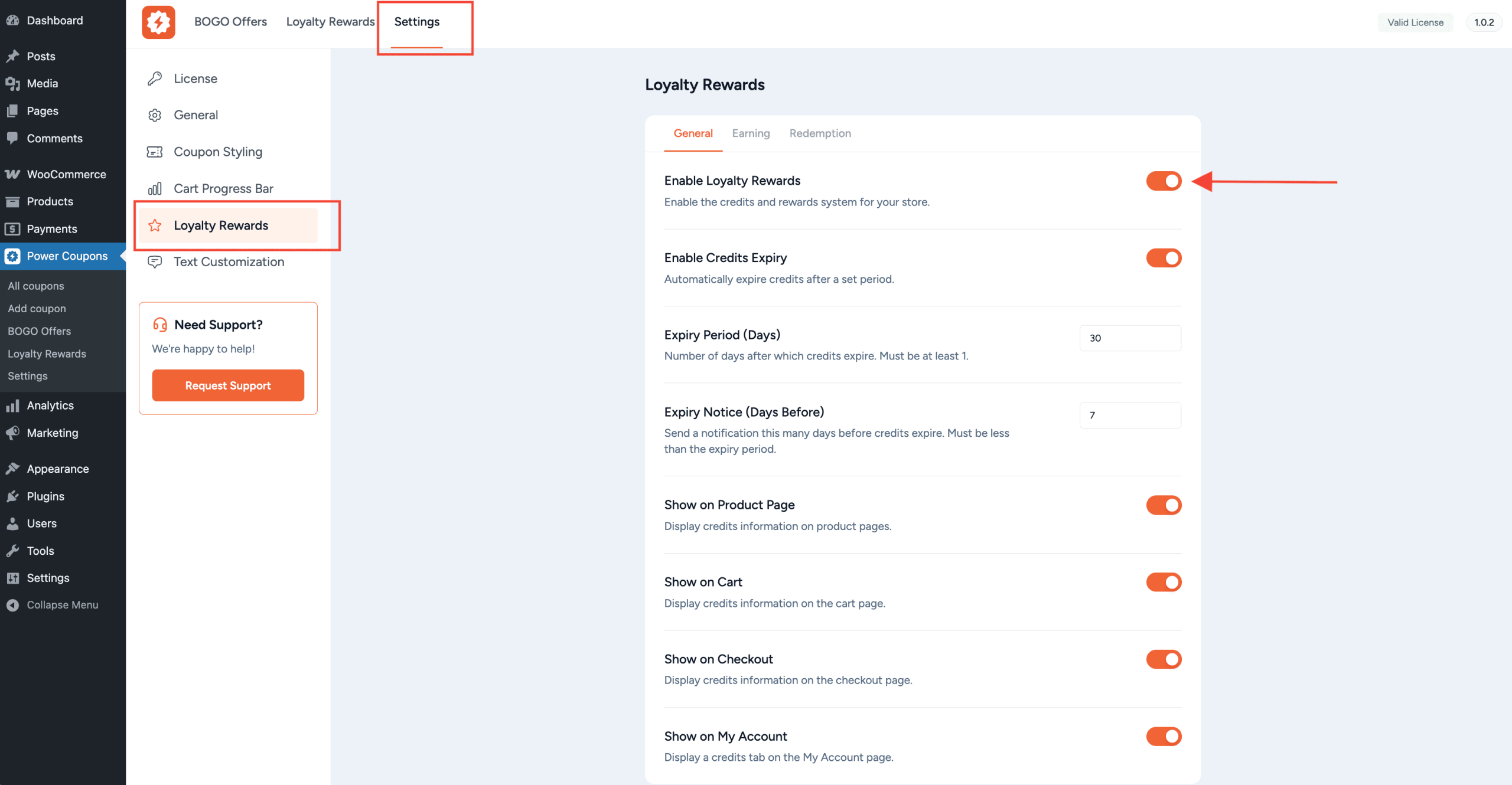 loyalty rewards settings page with enable loyalty rewards toggle in the general sub tab