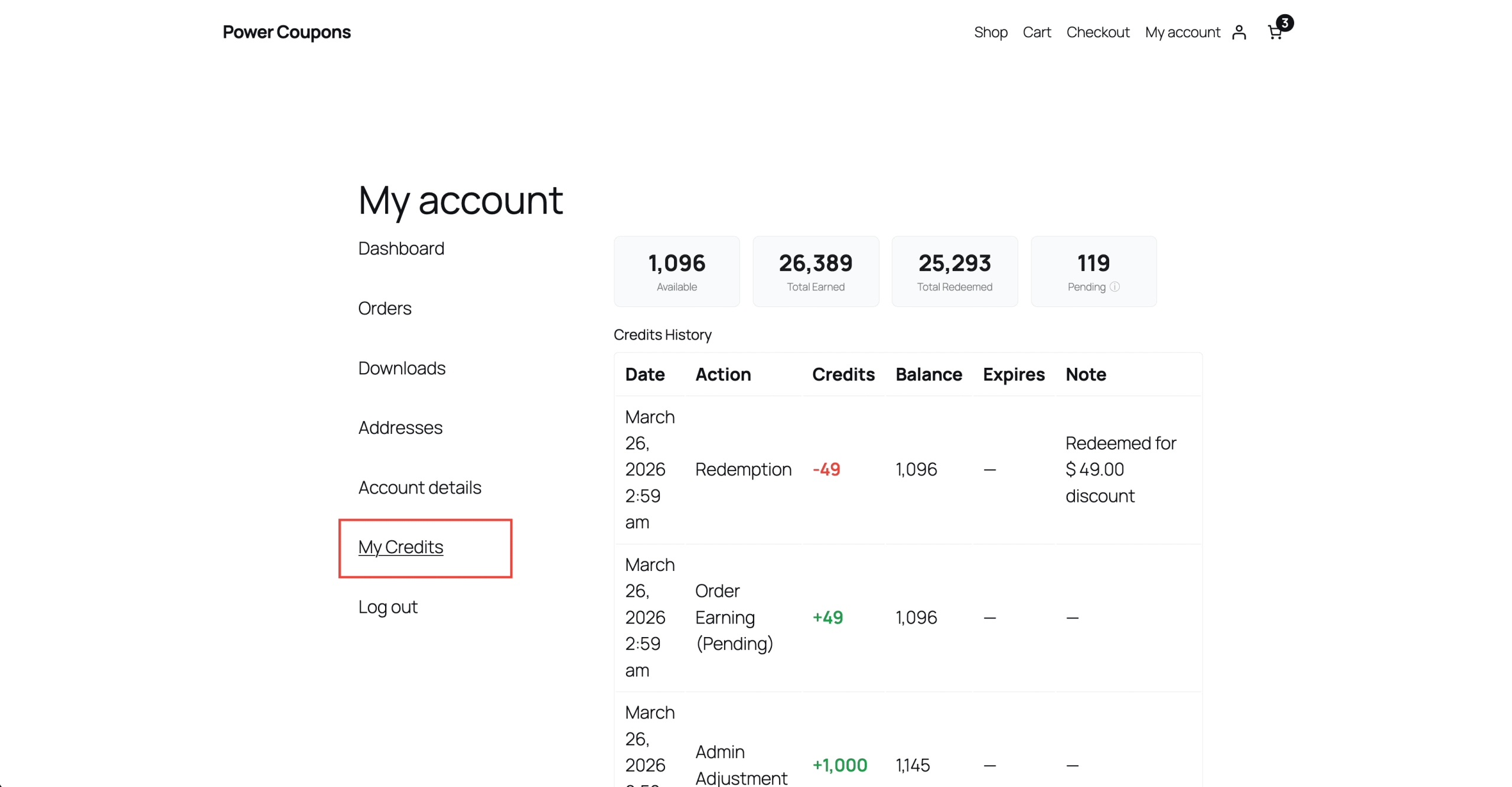 my credits page showing summary cards and credit history table