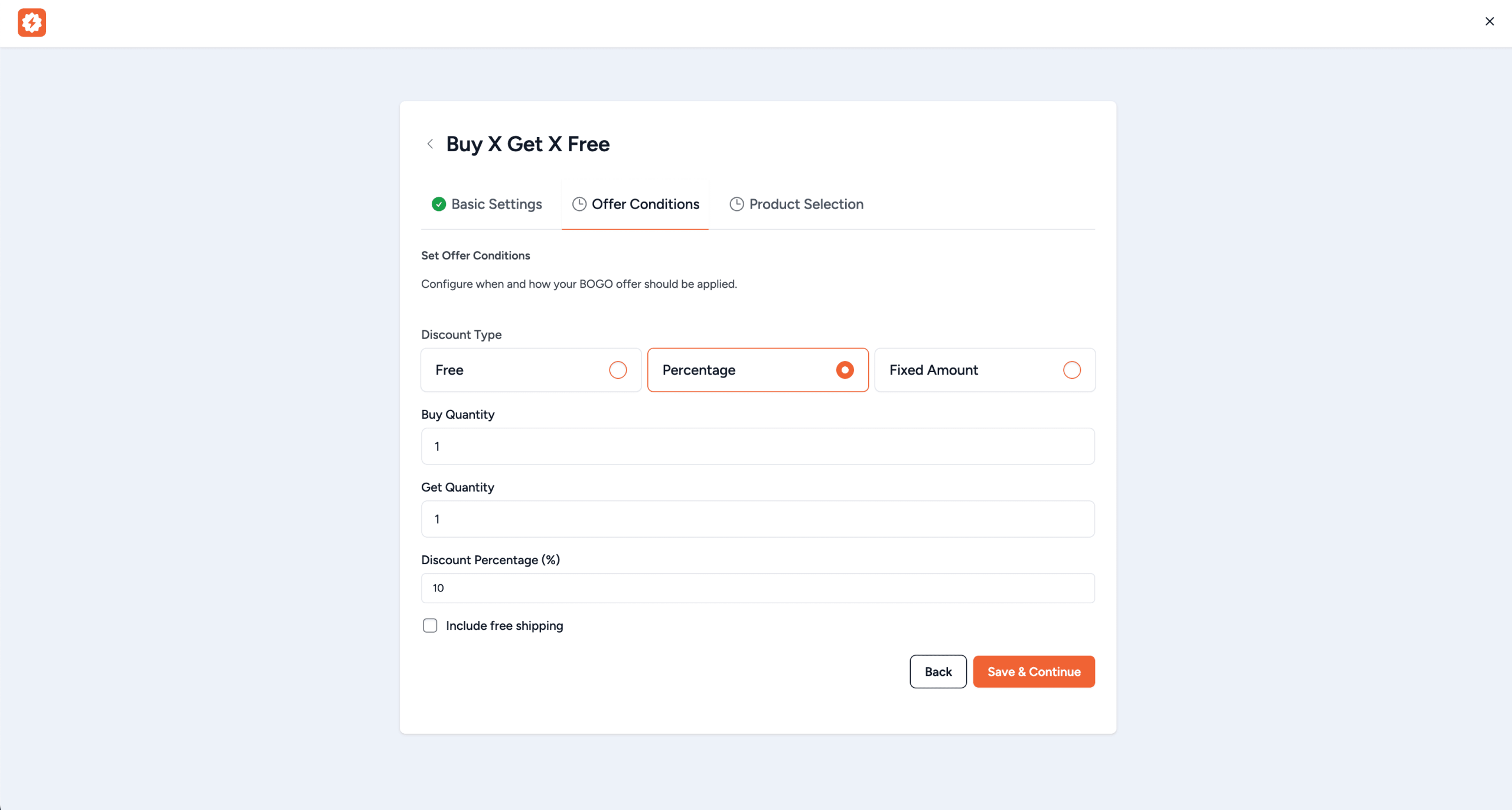 How to Use BOGO Offers offer conditions tab showing discount type buy get quantity and conditional fields
