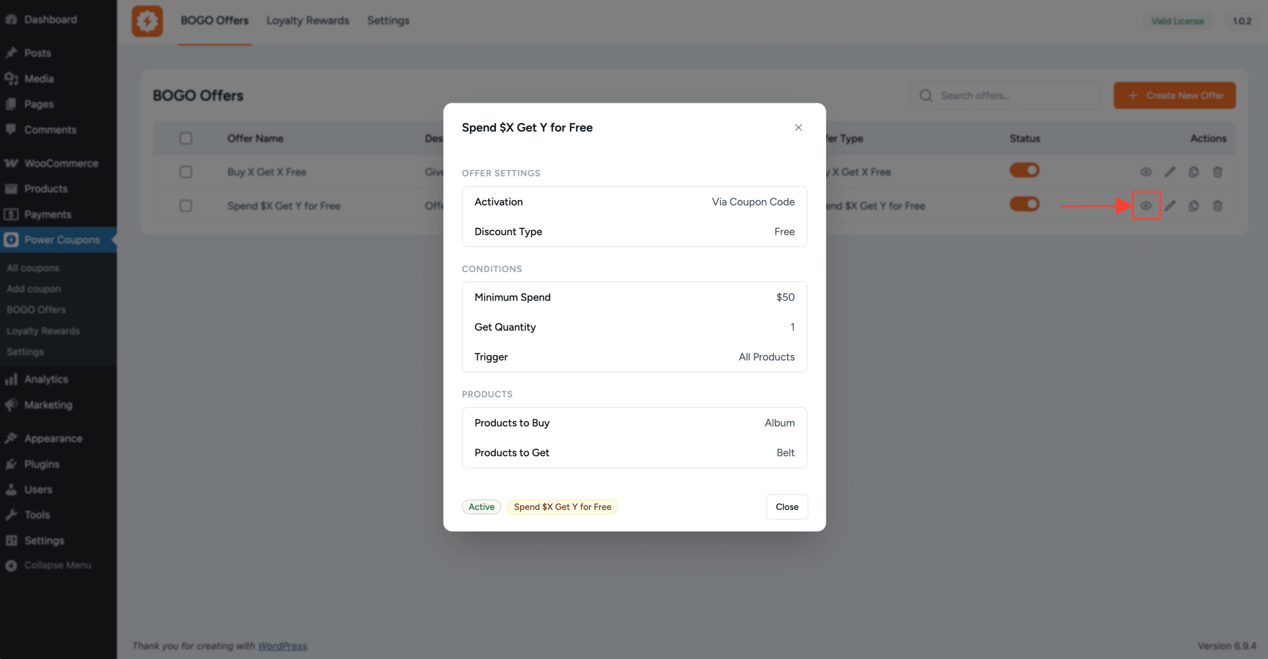 How to Use BOGO Offers offer preview modal showing offer settings, conditions, products, and status:type badges