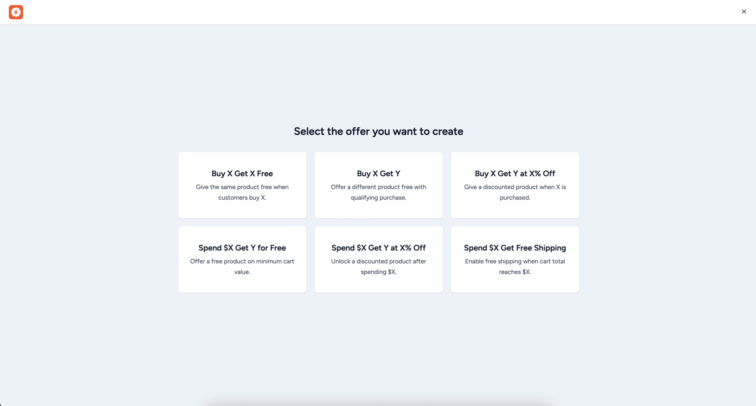 How to Use BOGO Offers offer type selection screen showing all 6 bogo offer type cards