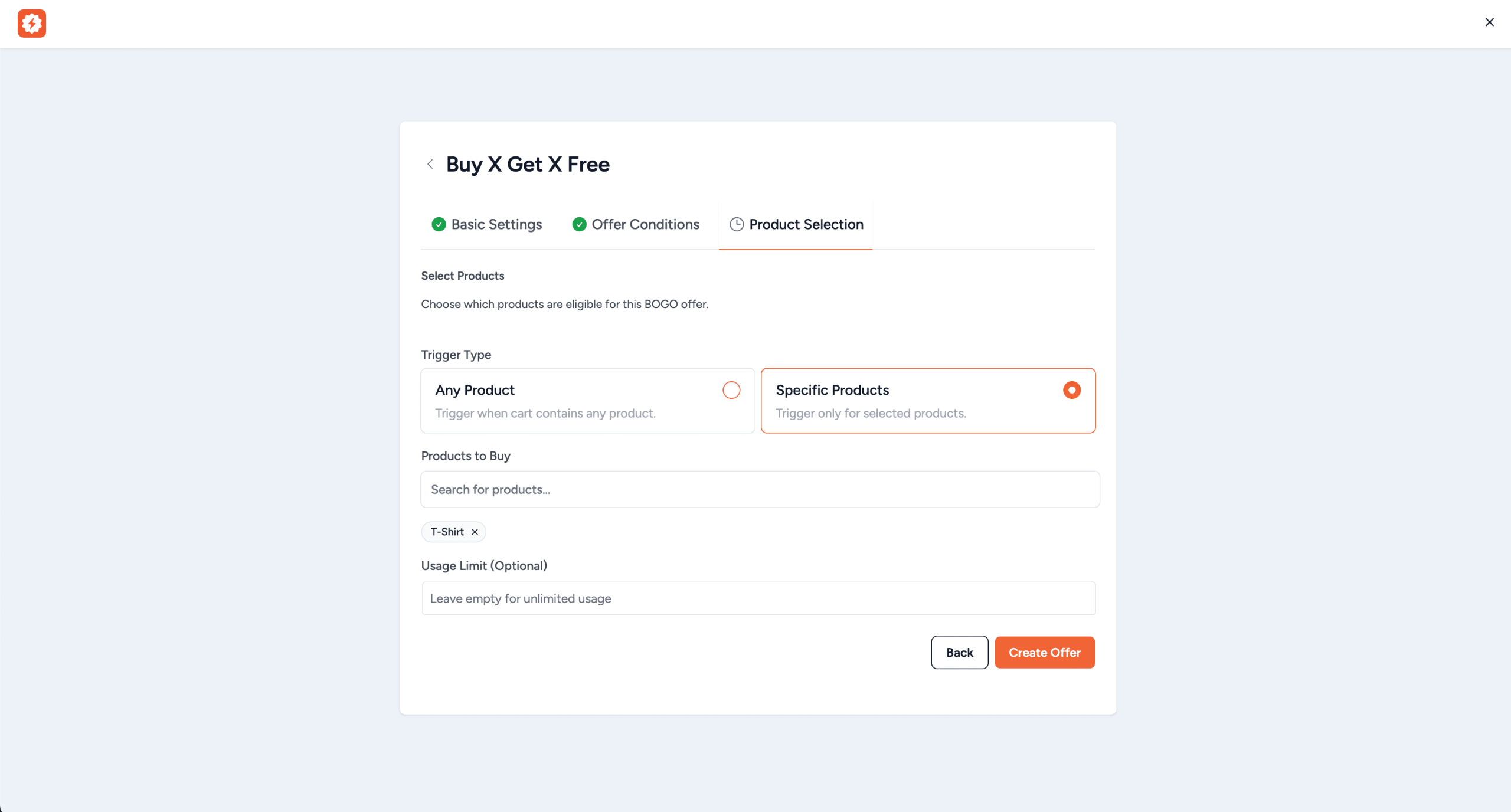 How to Use BOGO Offers product selection tab showing trigger type products to buy and products to get selectors