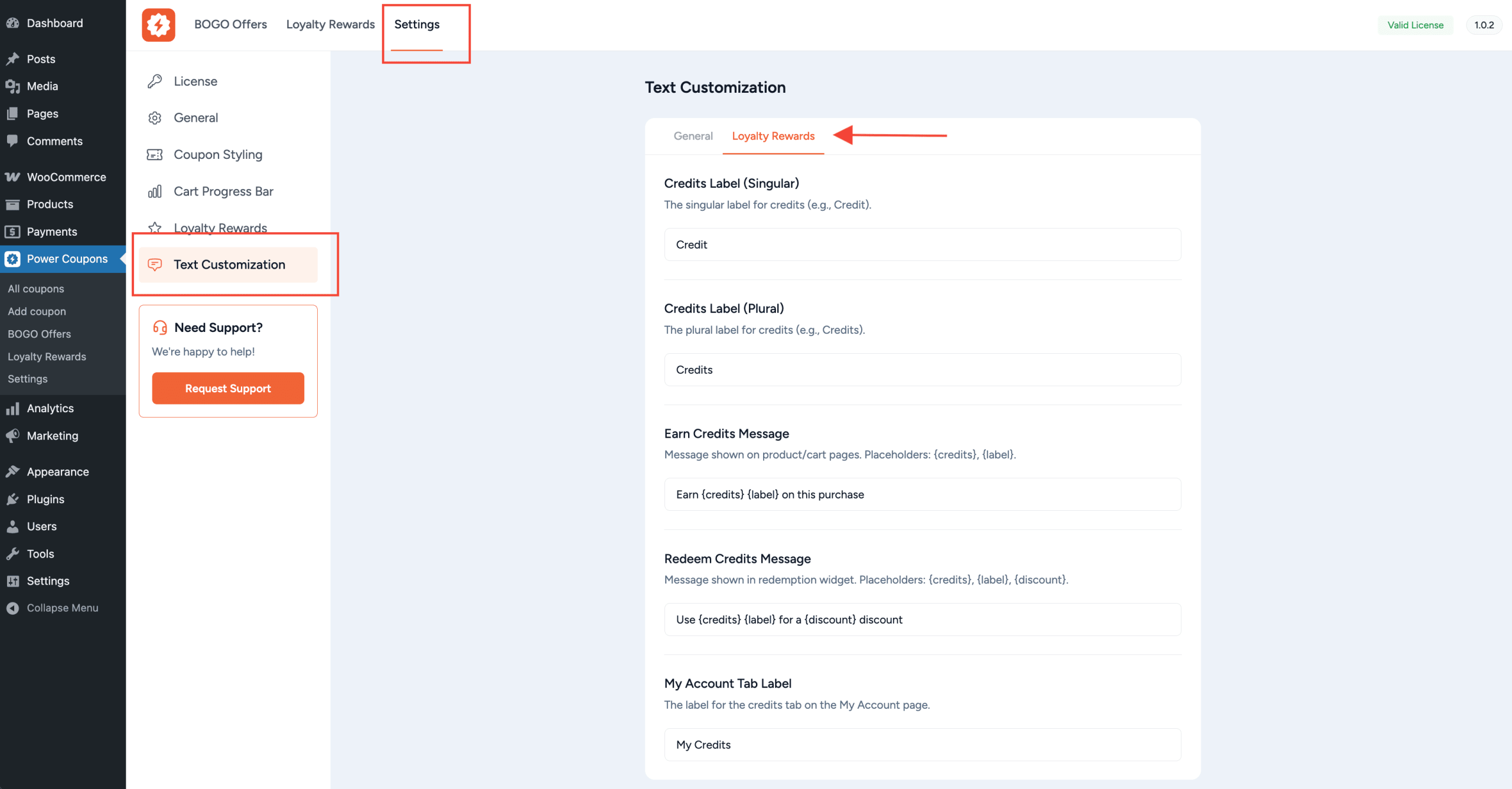 text customization settings for loyalty rewards showing editable text fields