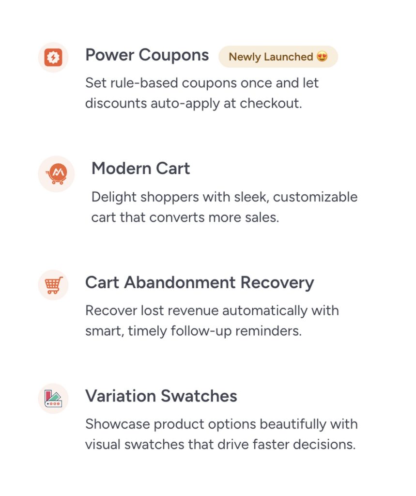 FunnelKit vs. CartFlows: Which WooCommerce Funnel Builder Should You Choose in 2026? CartFlows add-ons list including Power Coupons for auto-apply discounts, Modern Cart, Cart Abandonment Recovery, and Variation Swatches for WooCommerce stores.
