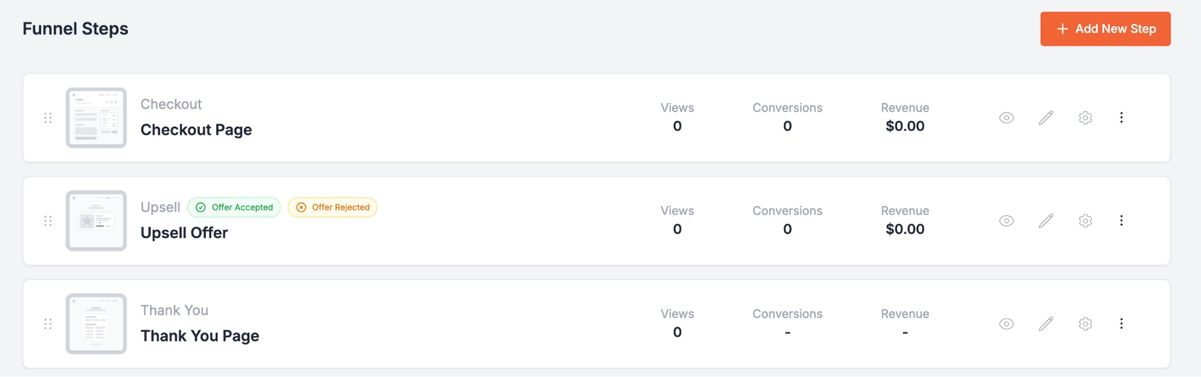 FunnelKit vs. CartFlows: Which WooCommerce Funnel Builder Should You Choose in 2026? CartFlows funnel steps list view showing Checkout Page, Upsell Offer, and Thank You Page steps with views, conversions, and revenue tracking columns.