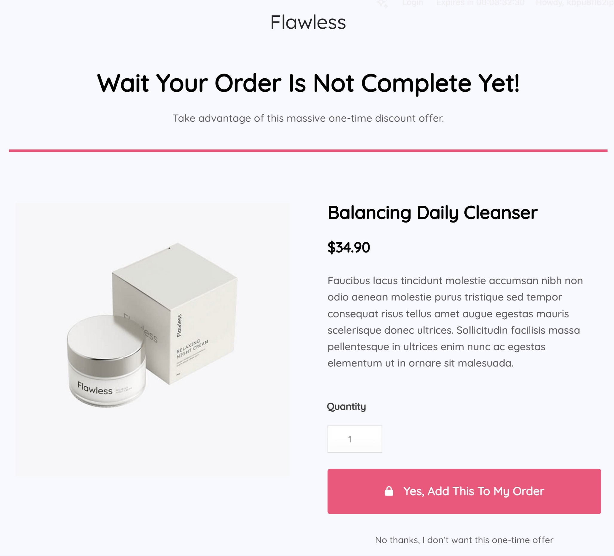 FunnelKit vs. CartFlows: Which WooCommerce Funnel Builder Should You Choose in 2026? CartFlows one-click upsell page for a skincare brand showing a post-purchase offer for Balancing Daily Cleanser at $34.90 with a single Yes/No CTA button.