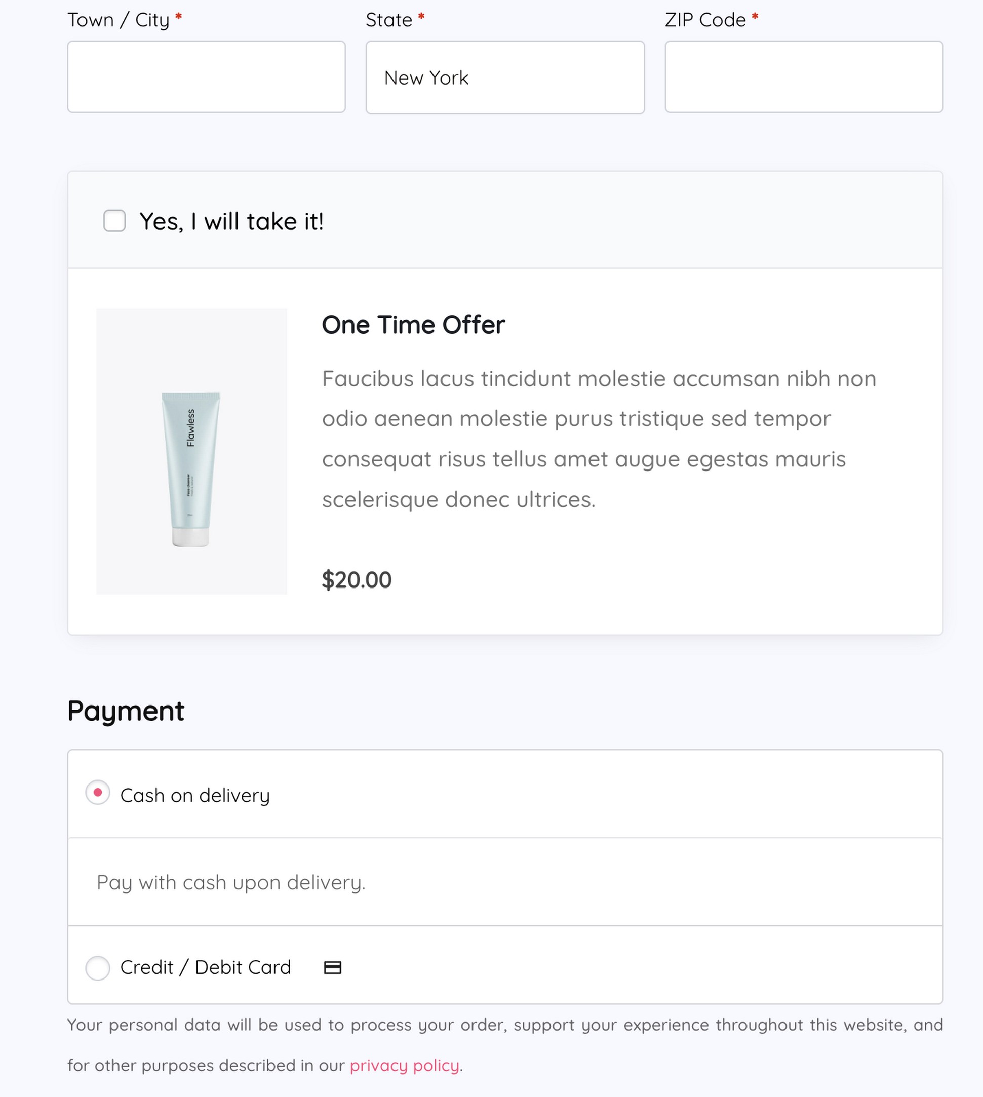 FunnelKit vs. CartFlows: Which WooCommerce Funnel Builder Should You Choose in 2026? CartFlows WooCommerce checkout page showing an order bump checkbox with a one-time offer product at $20 and payment method options including cash on delivery and credit card.