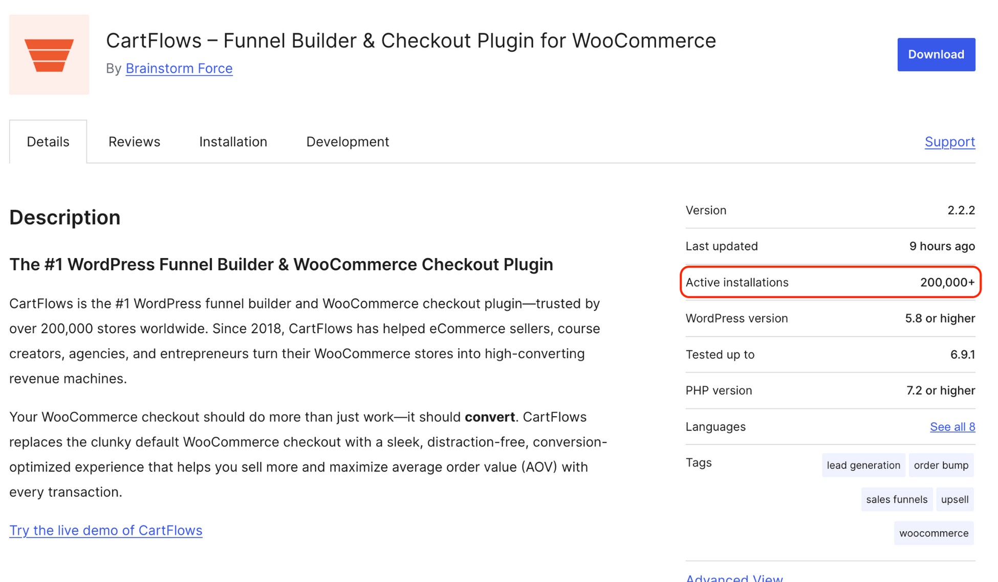 FunnelKit vs. CartFlows: Which WooCommerce Funnel Builder Should You Choose in 2026? CartFlows WordPress.org plugin listing page showing 200,000+ active installations, 4.8-star rating, and plugin details by Brainstorm Force highlighting its funnel builder and WooCommerce checkout optimization.