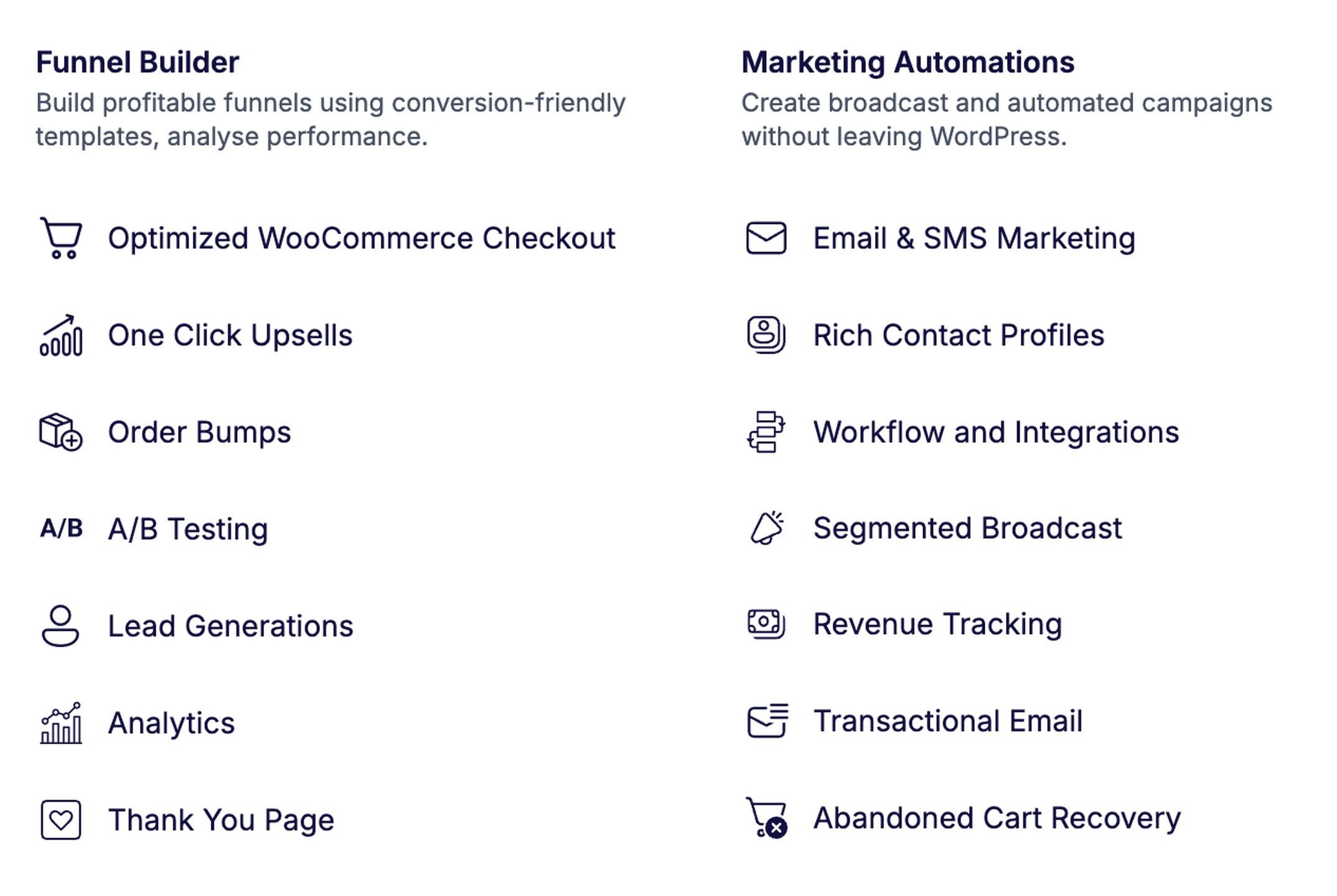 FunnelKit vs. CartFlows: Which WooCommerce Funnel Builder Should You Choose in 2026? FunnelKit feature overview split into Funnel Builder and Marketing Automations categories, listing checkout optimization, upsells, order bumps, email and SMS marketing, and abandoned cart recovery.