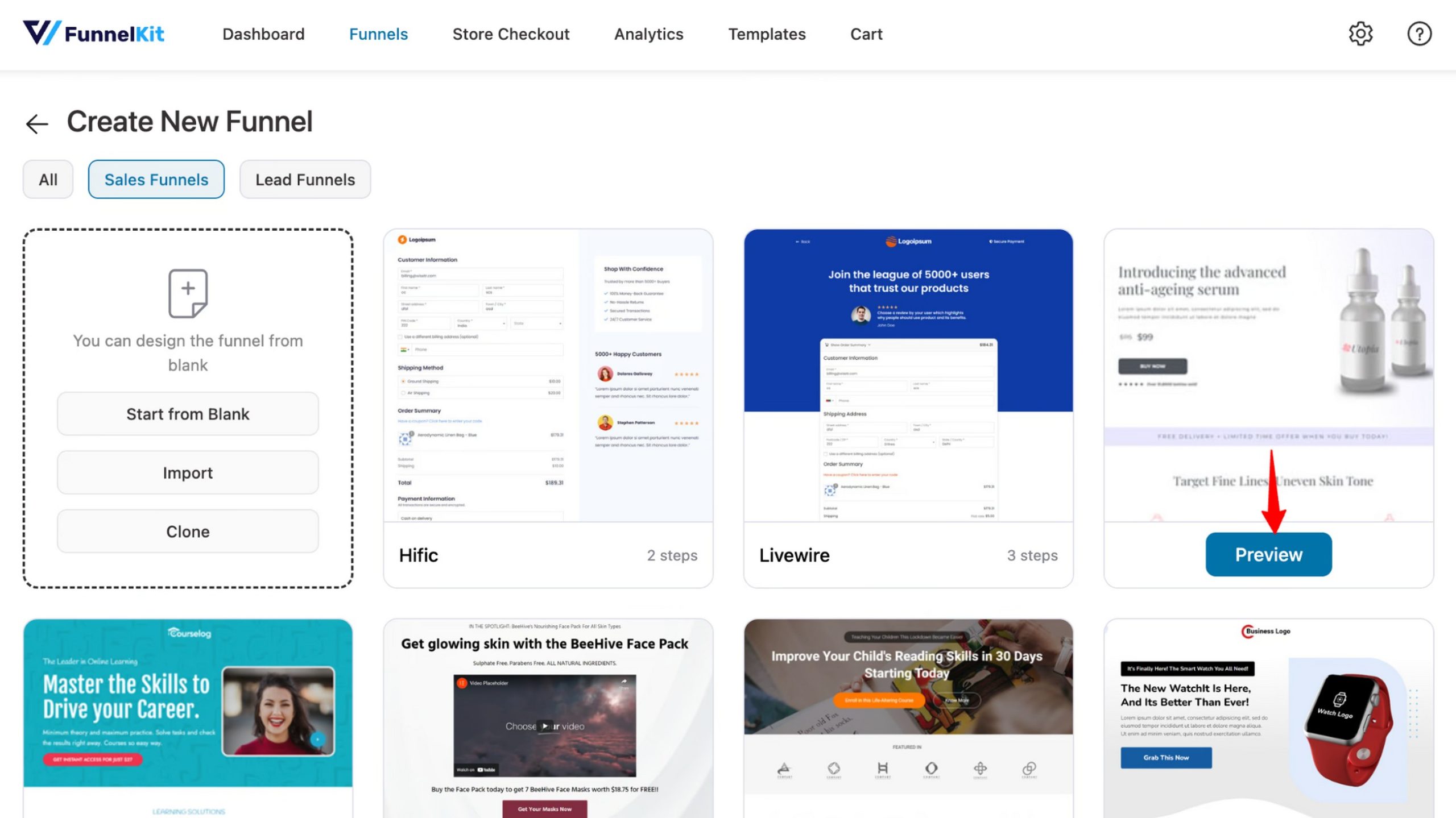 FunnelKit vs. CartFlows: Which WooCommerce Funnel Builder Should You Choose in 2026? FunnelKit funnel template library showing Sales Funnels and Lead Funnels categories with niche-specific pre-built funnel templates including e-commerce, coaching, and supplement funnels.